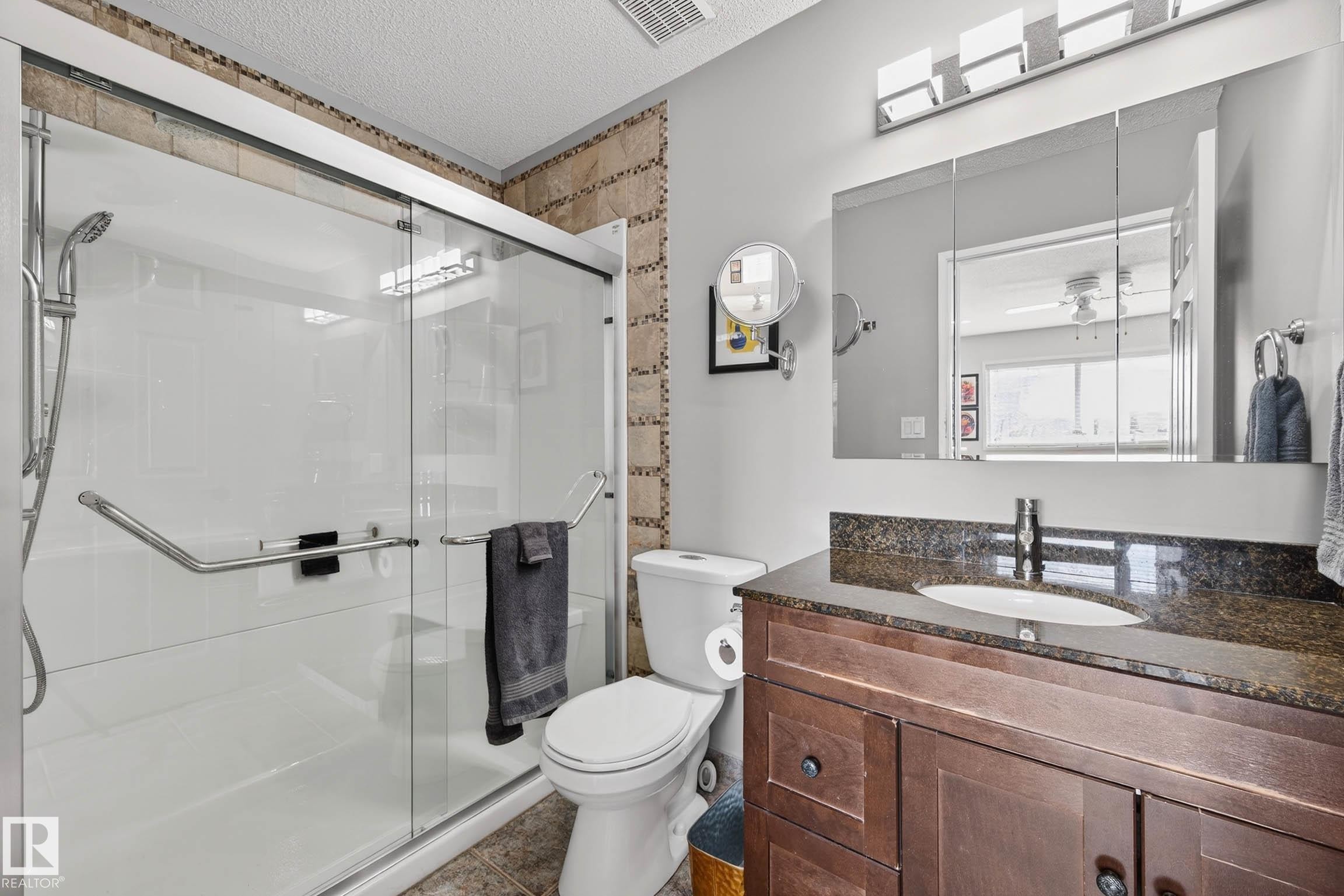 The bathroom features a spacious shower with glass enclosure, a vanity with a dark granite countertop and undermount sink, and a mirrored medicine cabinet with overhead lighting - 34 Donald Place, St. Albert, AB - Indoor Photo Showing Bathroom