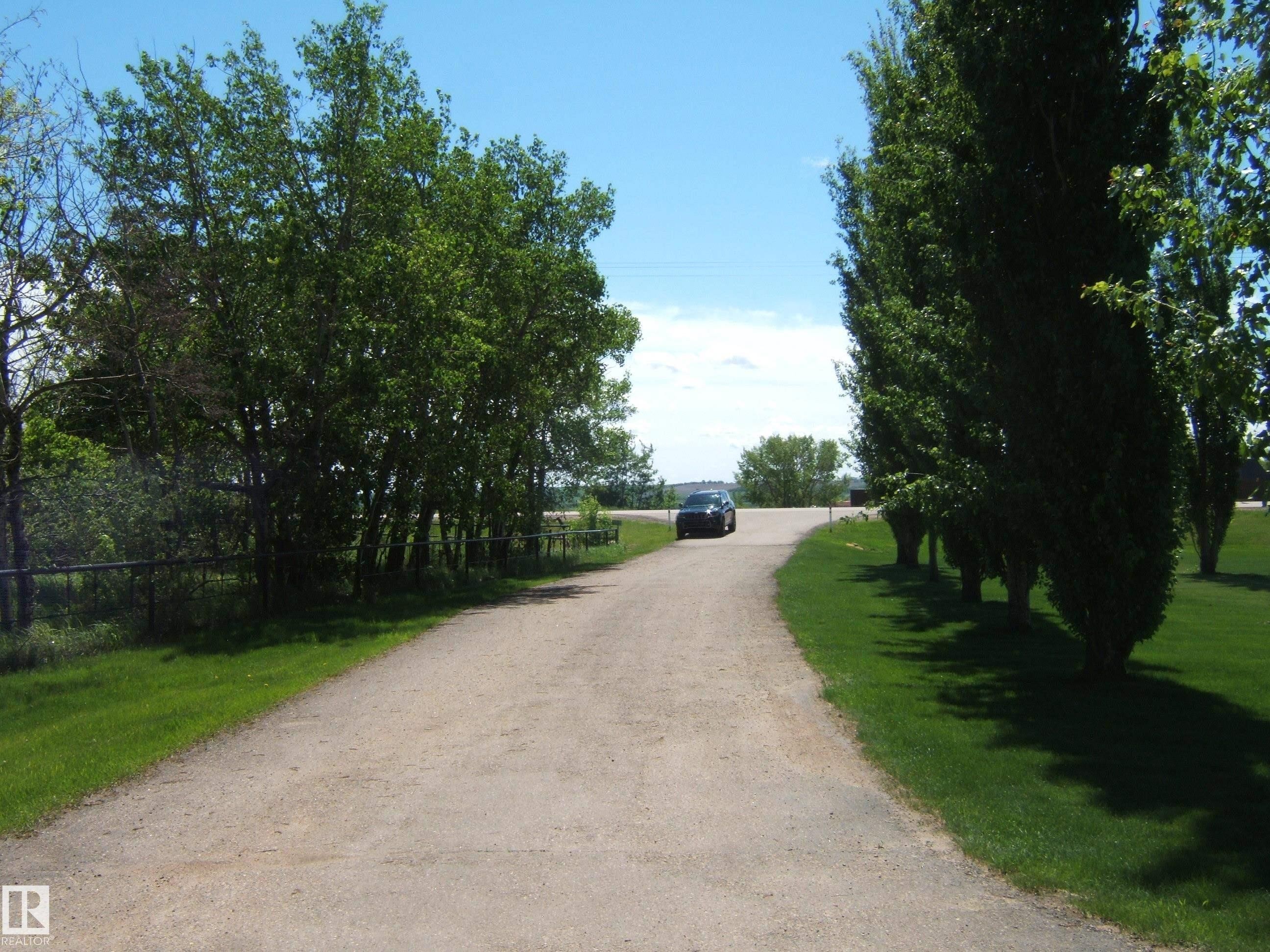 Gravel driveway lined with mature trees and manicured lawns - 123064 Hwy 45, Rural Two Hills County, AB