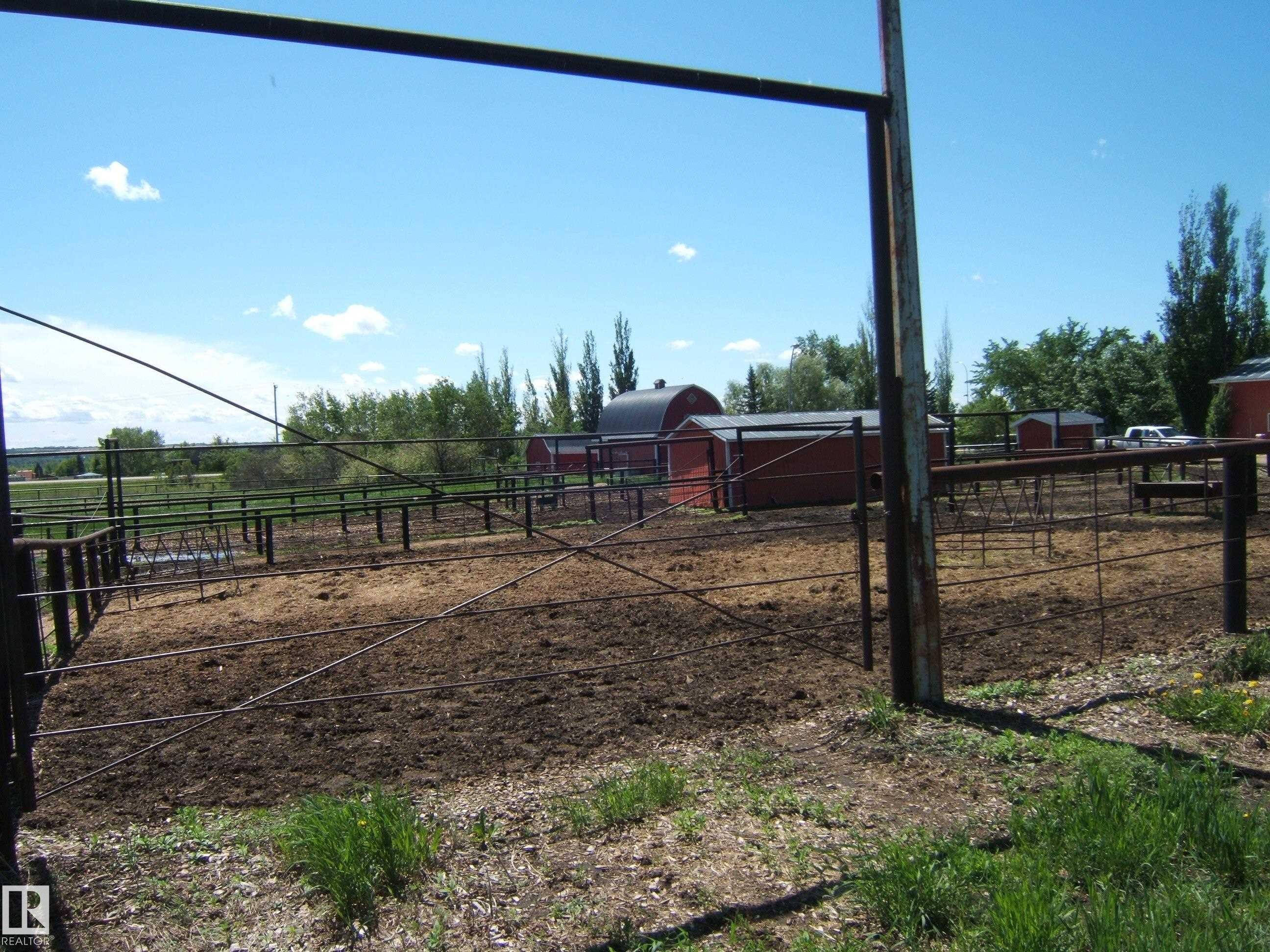 Fenced outdoor enclosure featuring multiple red outbuildings - 123064 Hwy 45, Rural Two Hills County, AB