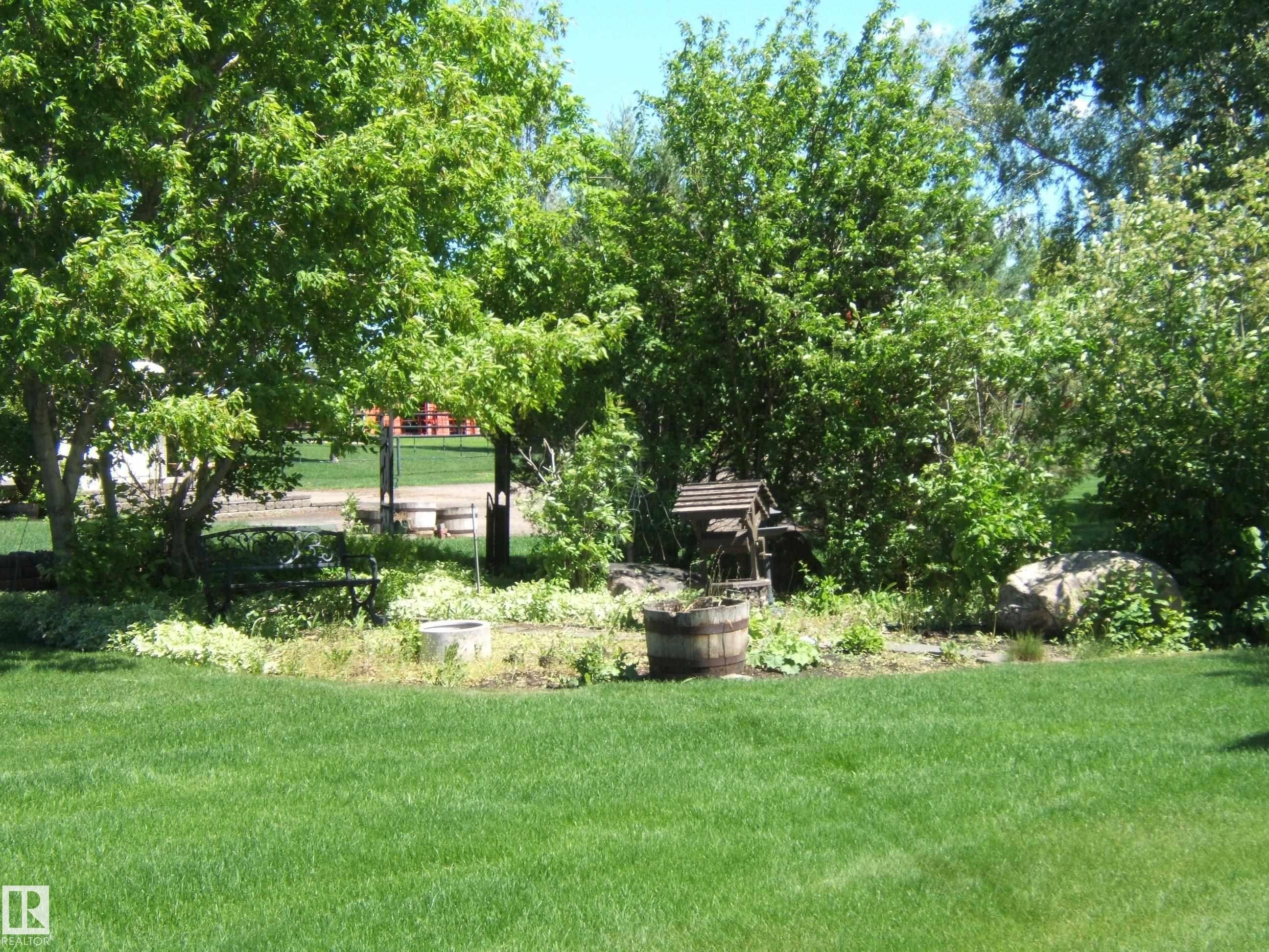 Expansive green lawn framed by mature trees and varied shrubbery - 123064 Hwy 45, Rural Two Hills County, AB