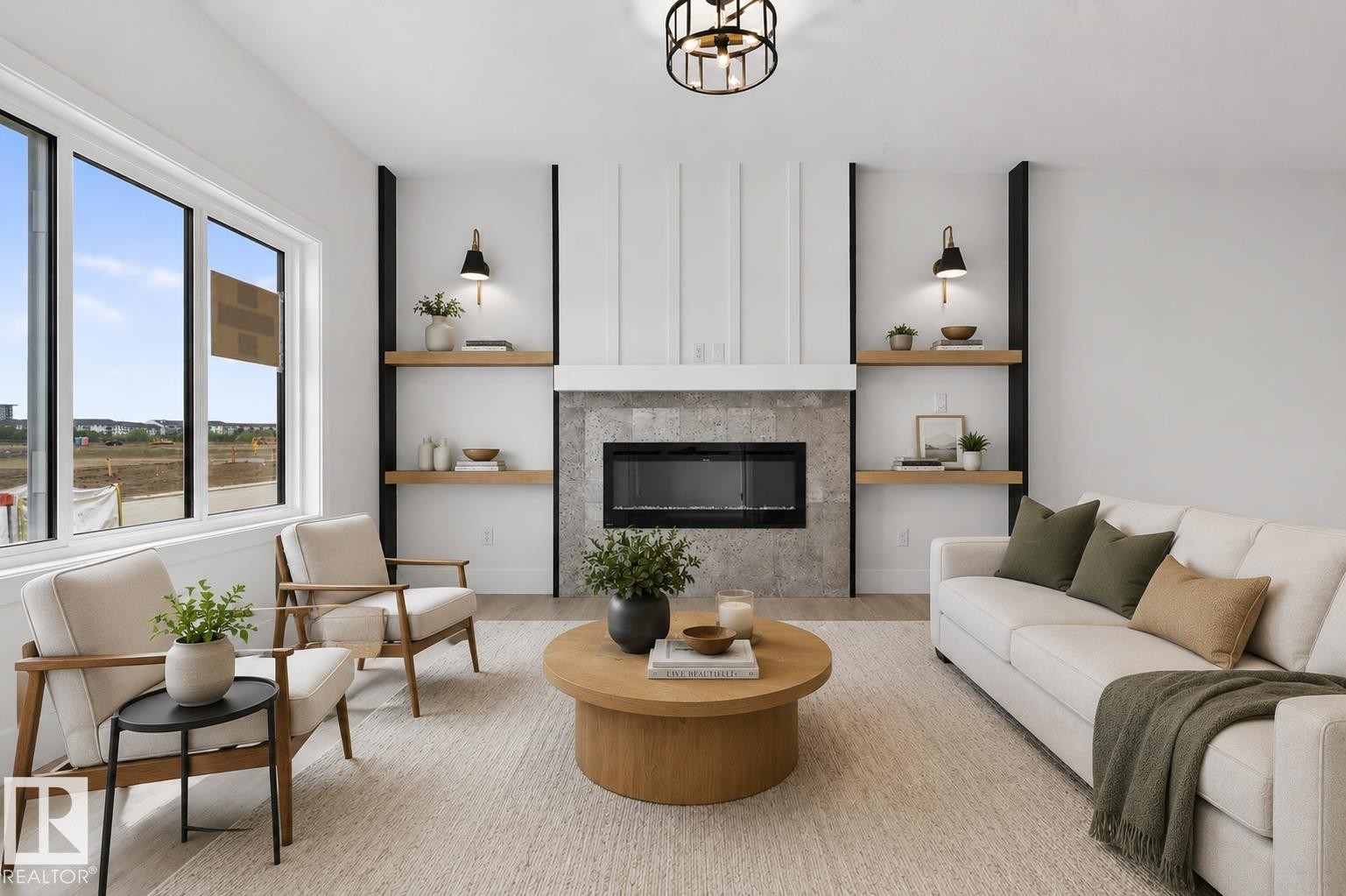 Living room featuring a central fireplace with stone-look tile surround and a wood mantel - 45 River Birch, St. Albert, AB - Indoor Photo Showing Living Room With Fireplace