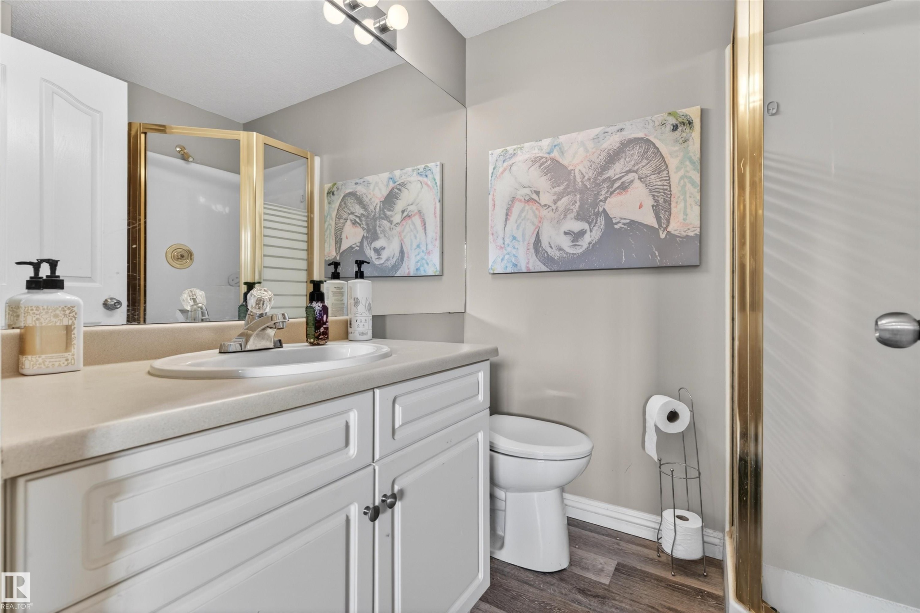 Bathroom featuring a vanity with a countertop, an integrated sink, and white cabinetry - 2 Sturgeon Road, St. Albert, AB - Indoor Photo Showing Bathroom