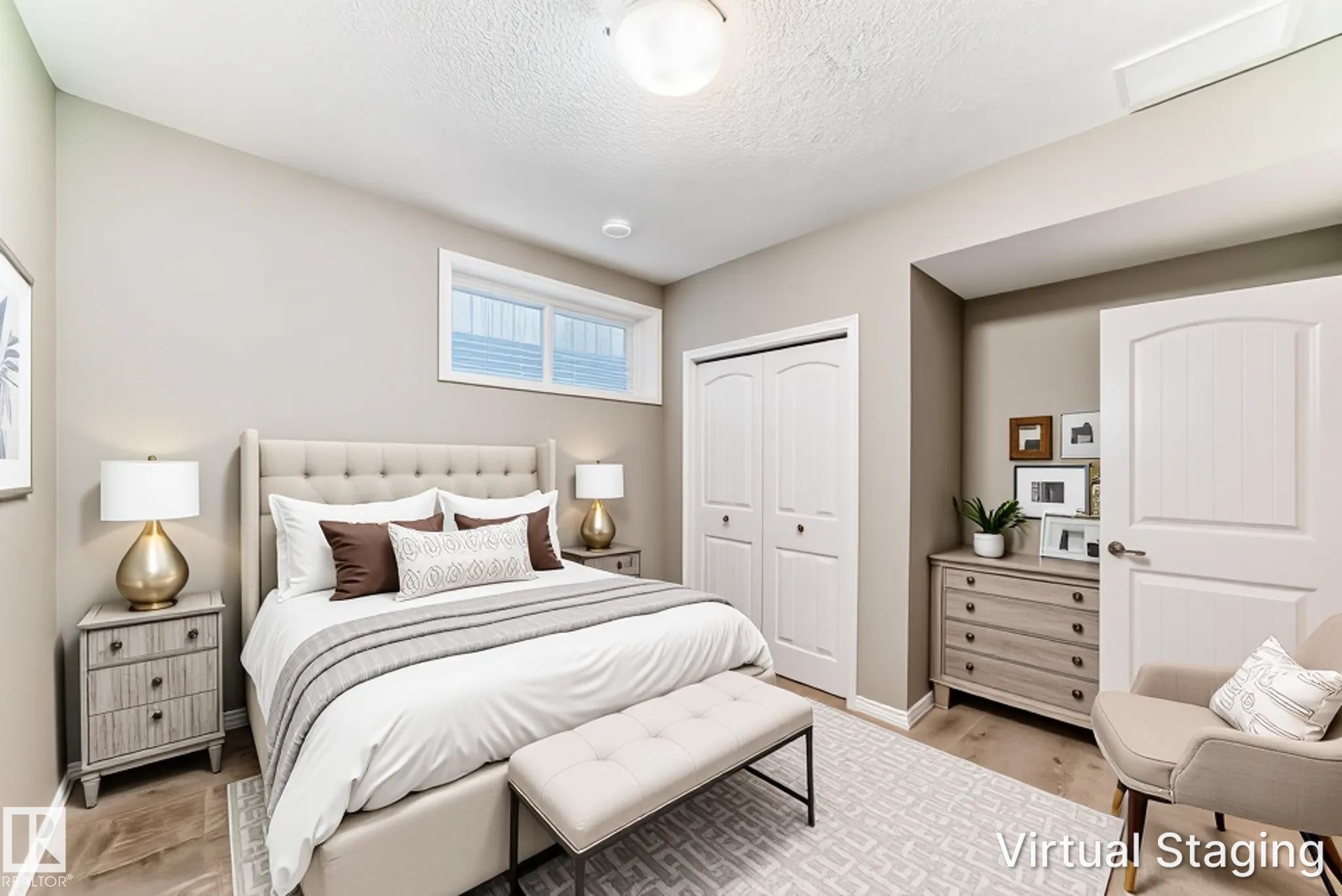 Neutral tone bedroom featuring wood-finish flooring, a double bi-fold closet with arched paneling, and an upper horizontal window - 6723 19 Avenue, Edmonton, AB - Indoor Photo Showing Bedroom