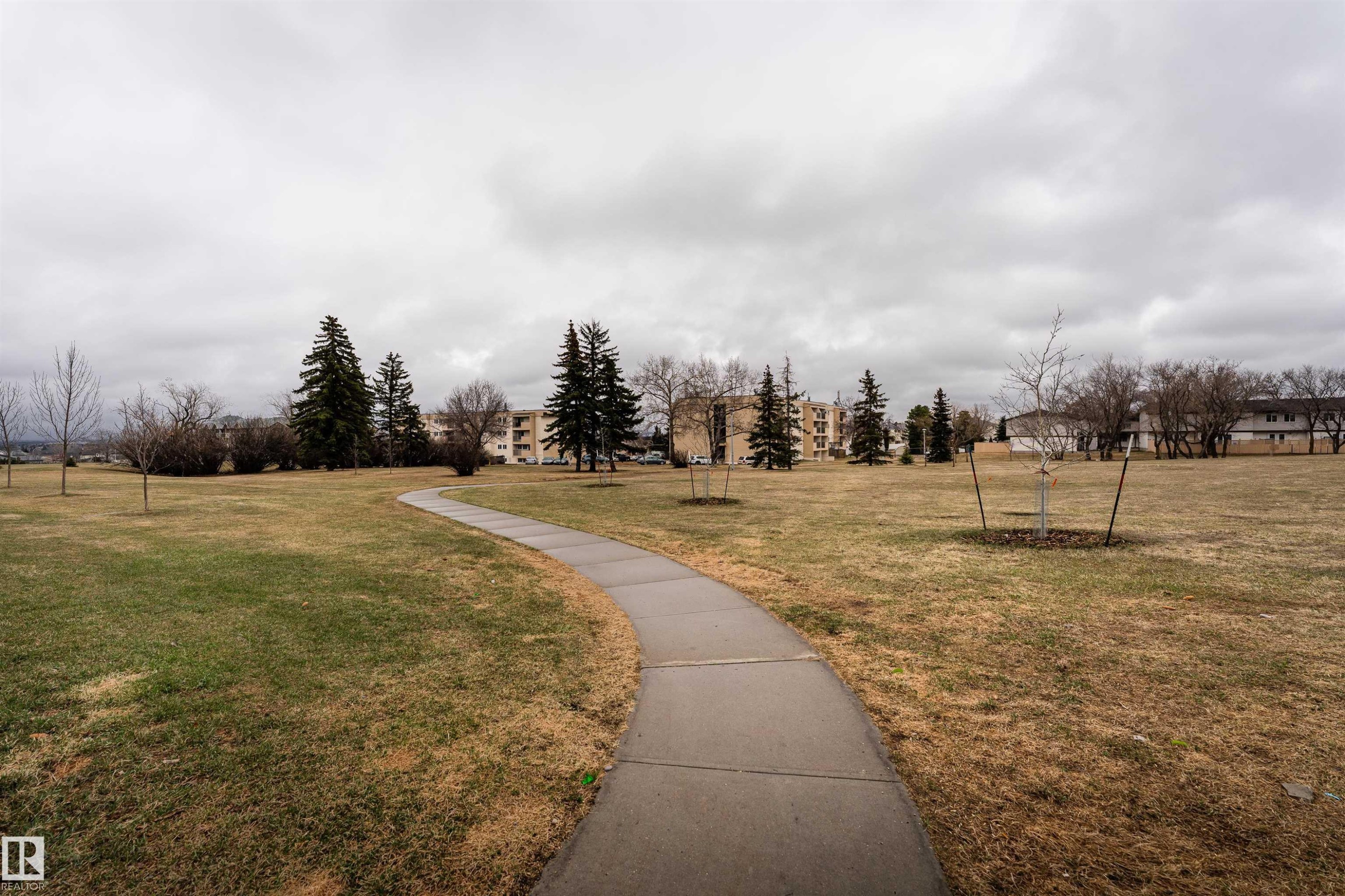 Curved concrete pathway traversing a green space with scattered trees and distant multi-story buildings - 15 5203 149 Avenue, Edmonton, AB - Outdoor With View