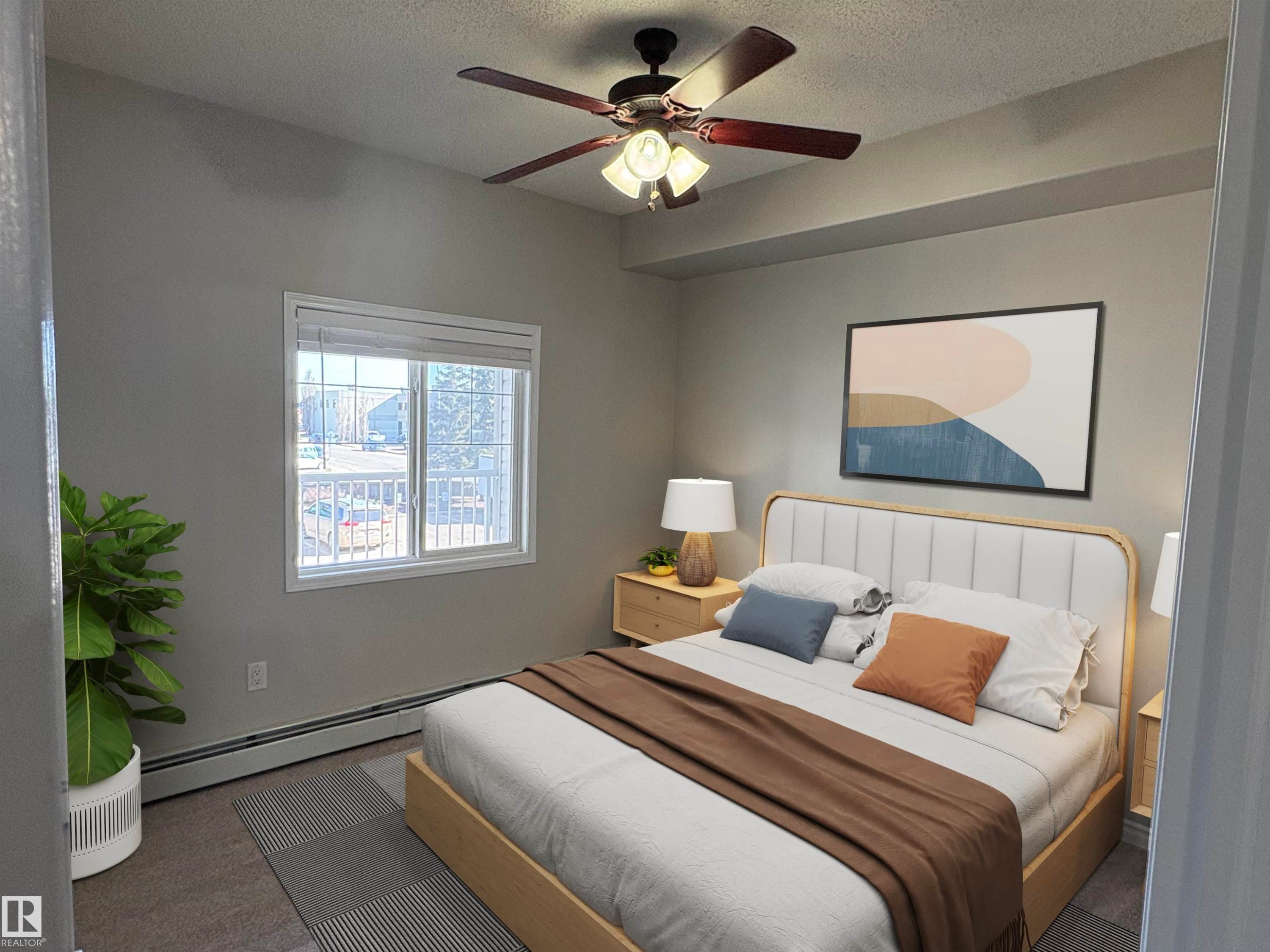 Bedroom featuring a white framed window with blinds, a ceiling fan with light fixture, and neutral gray wall paint - 224 16807 100 Avenue, Edmonton, AB - Indoor Photo Showing Bedroom