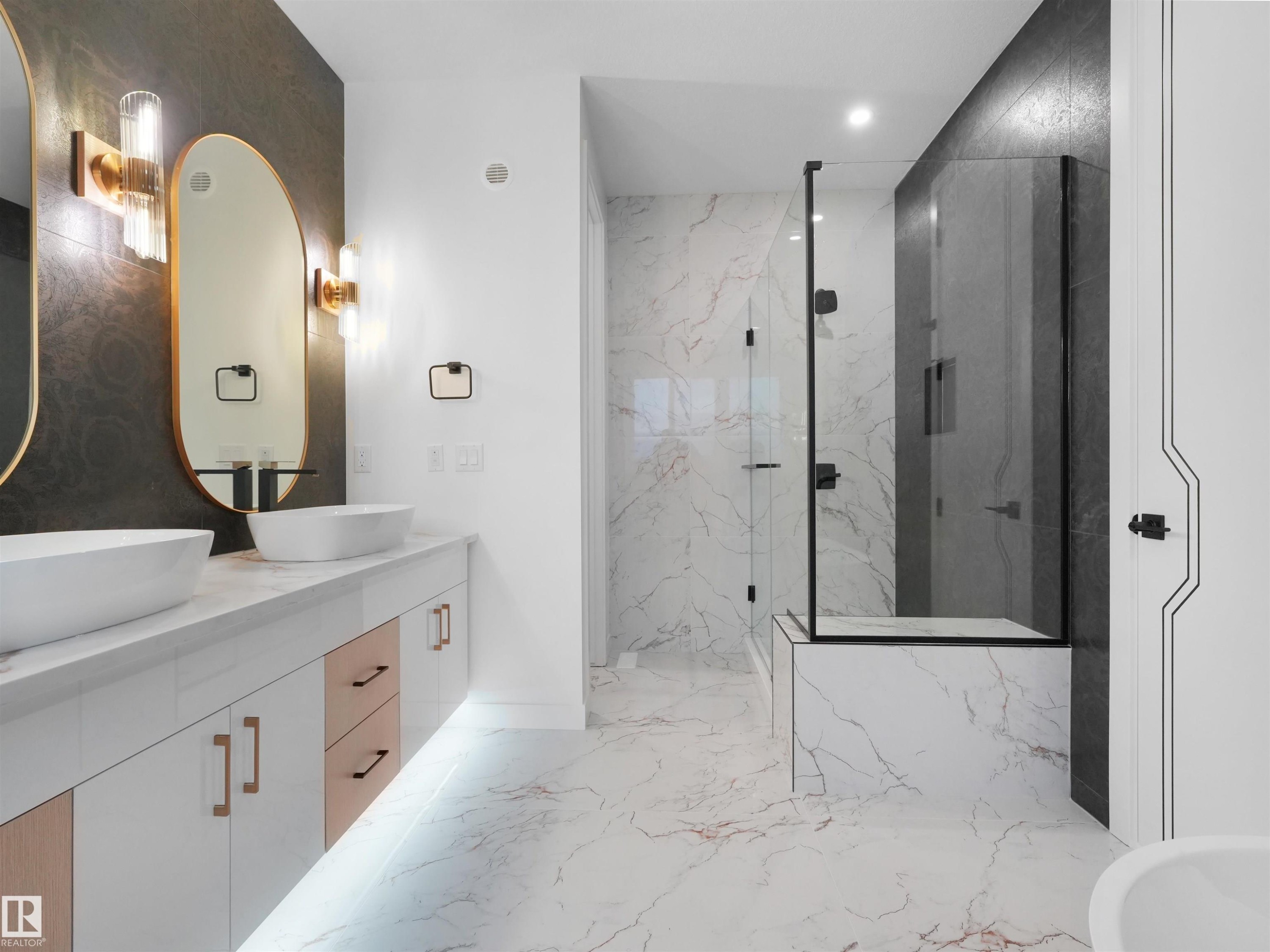 Double vanity with vessel sinks and integrated under-cabinet lighting - 2070 Collip Crescent Sw, Edmonton, AB - Indoor Photo Showing Bathroom