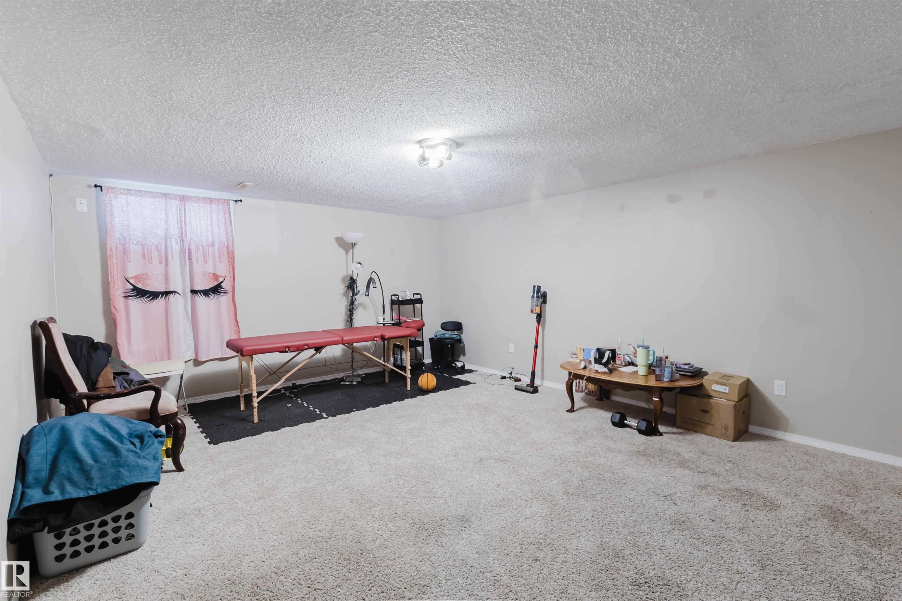 Spacious room featuring neutral-toned walls, textured ceiling, and light-colored carpeting - 10519 36A Avenue, Edmonton, AB - Indoor