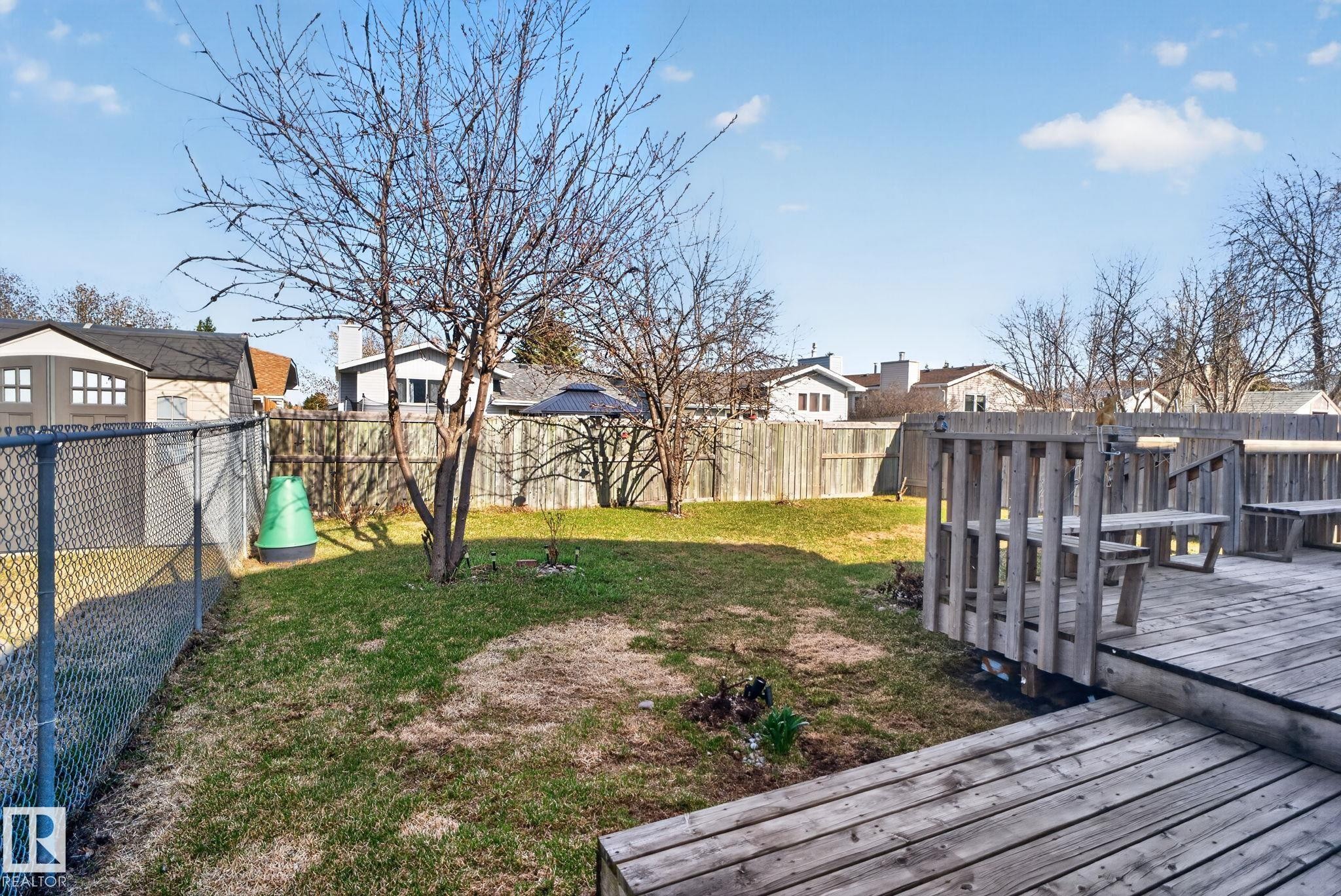 Spacious backyard featuring a wooden deck with integrated seating, a chain-link fence, a privacy fence, and mature trees - 8403 190 Street, Edmonton, AB - Outdoor