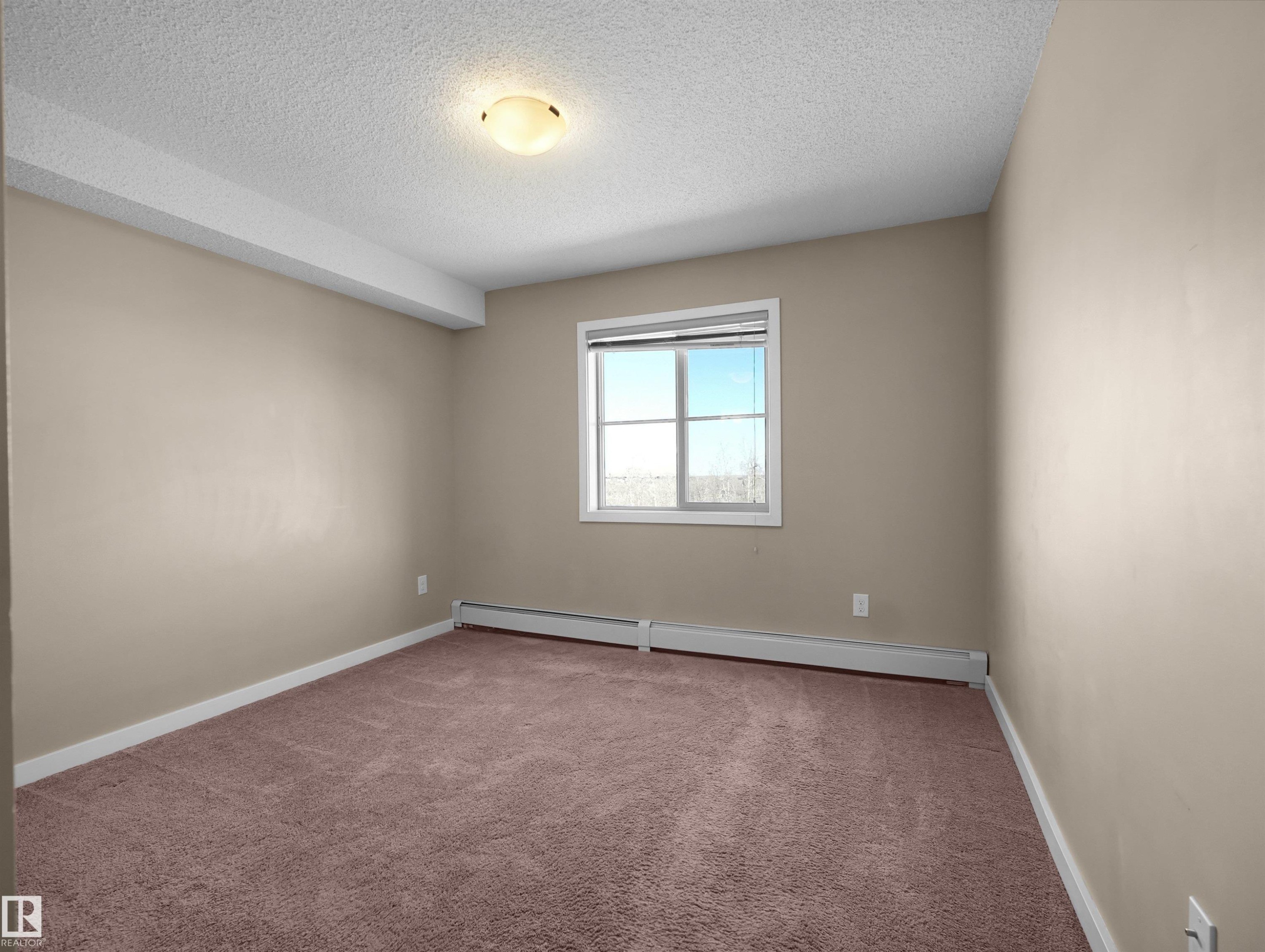 Spacious room featuring neutral painted walls, light brown carpeting, a window with natural light, and a ceiling-mounted light fixture - 417 1060 Mcconachie Boulevard, Edmonton, AB - Indoor Photo Showing Other Room