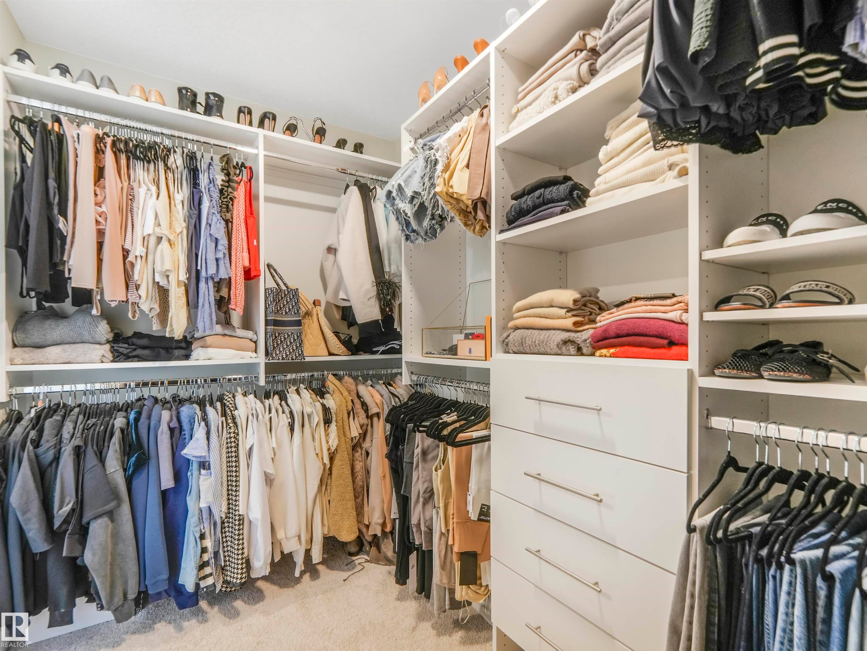 Spacious closet featuring white built-in shelving, drawers with silver hardware, and carpeting - 19 Nettle Crescent, St. Albert, AB - Indoor With Storage