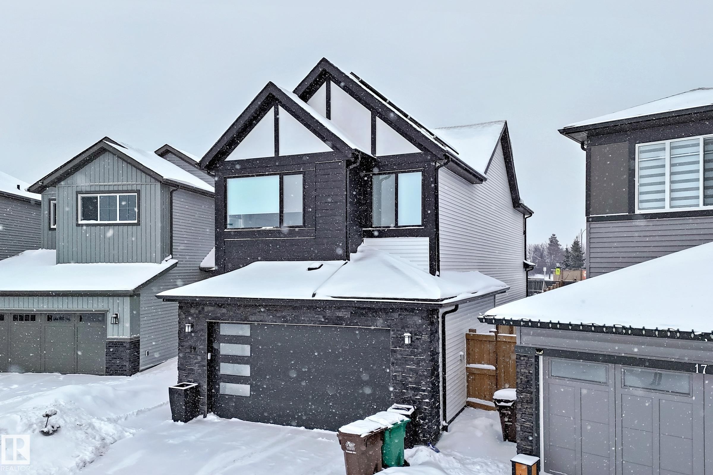 The property features a modern exterior with dark siding and white trim accents, a two-car garage with a contemporary door design, and multiple windows across the facade - 19 Nettle Crescent, St. Albert, AB - Outdoor