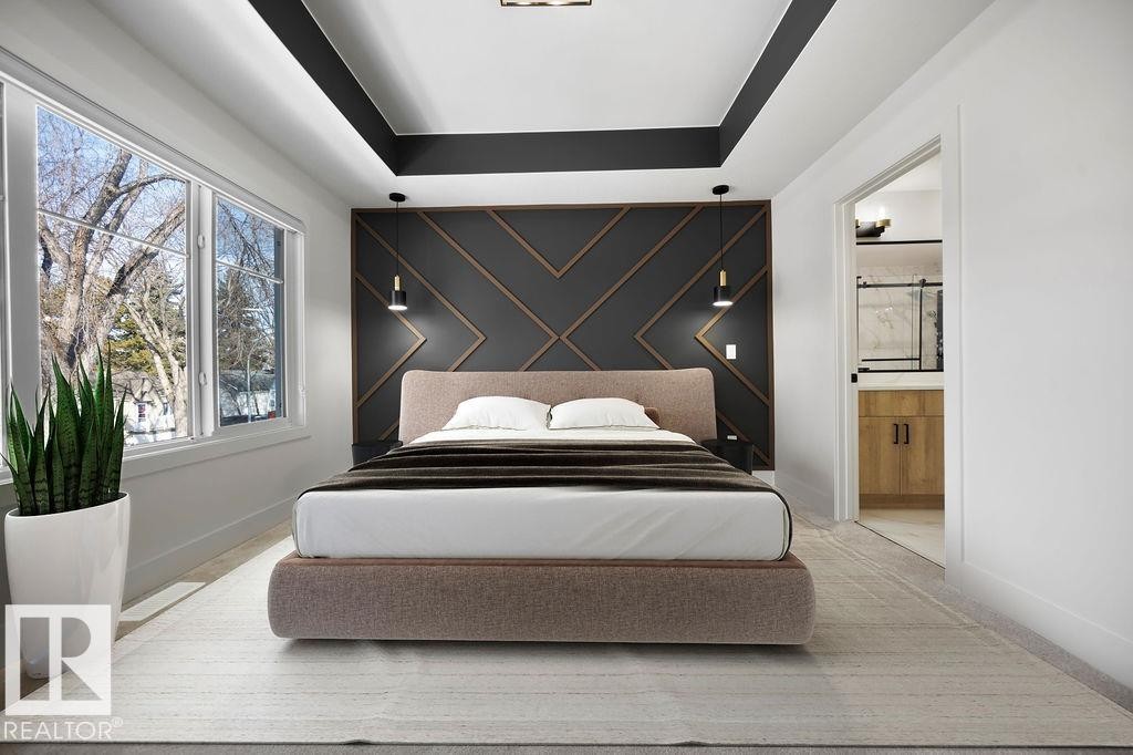 The bedroom features a decorative accent wall with geometric wood paneling, an inset ceiling design with contrasting black trim, and large windows - 12307 91 St Nw, Edmonton, AB - Indoor Photo Showing Bedroom