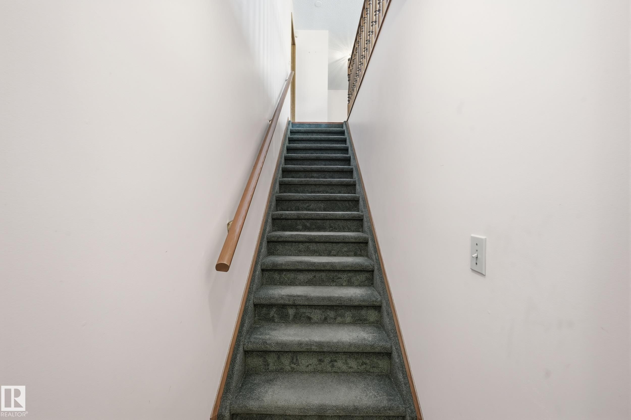 Carpeted staircase with light wood handrail - 1242 Joyce Crescent, Edmonton, AB - Indoor Photo Showing Other Room