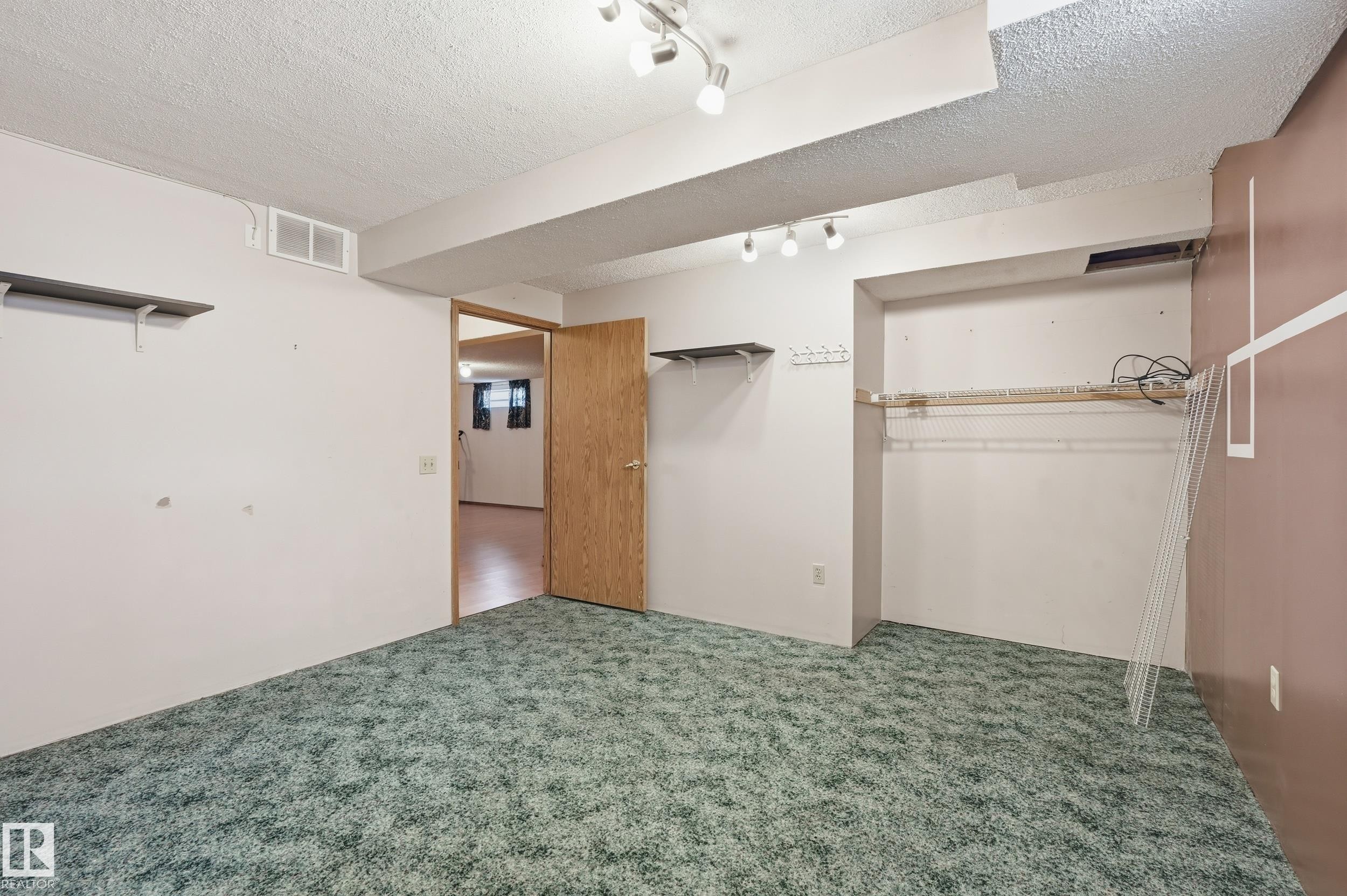 Carpeted room featuring track lighting and an open doorway - 1242 Joyce Crescent, Edmonton, AB - Indoor