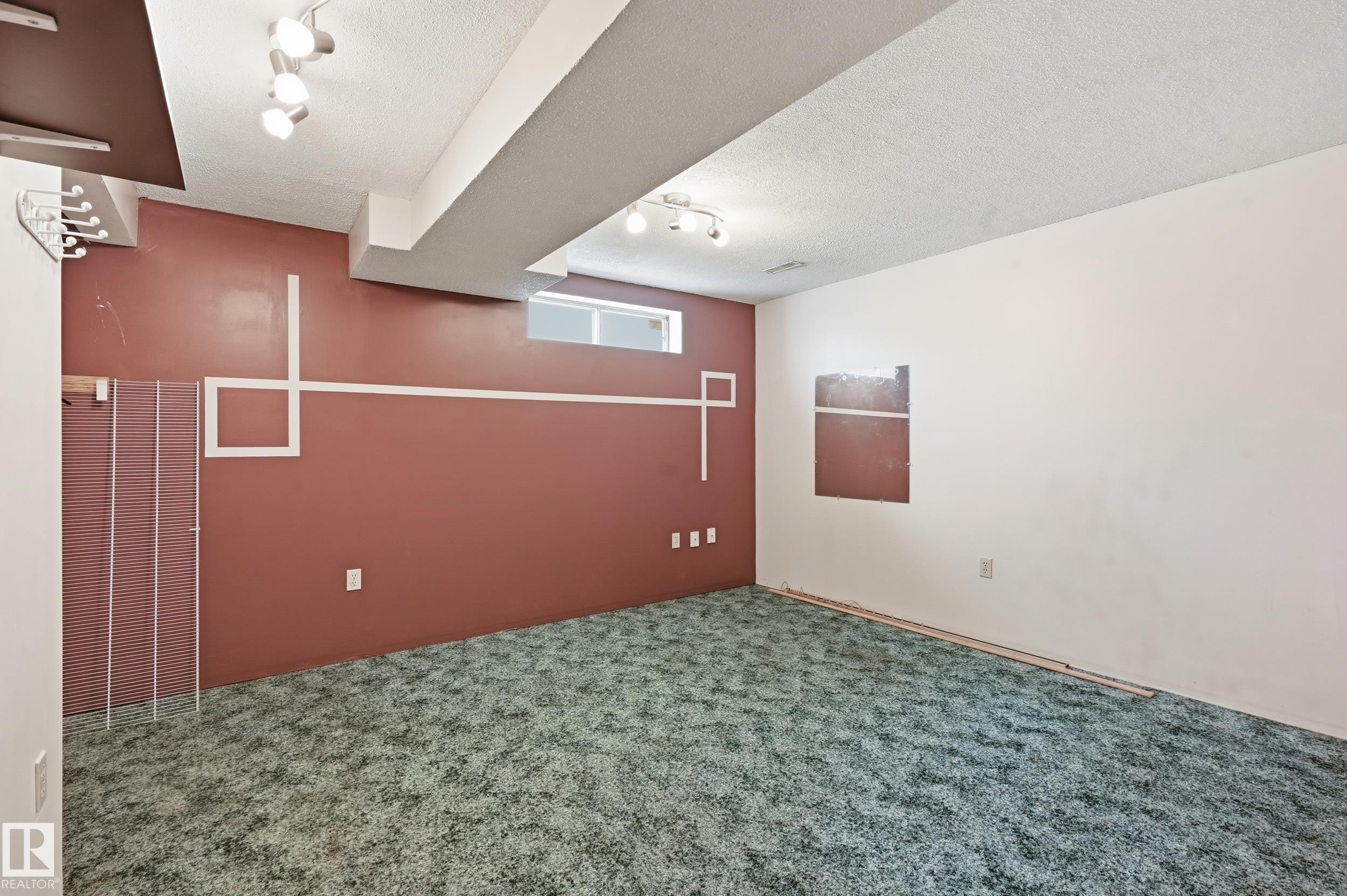 Lower-level room featuring an accent wall, track lighting, a window, and textured carpet flooring - 1242 Joyce Crescent, Edmonton, AB - Indoor
