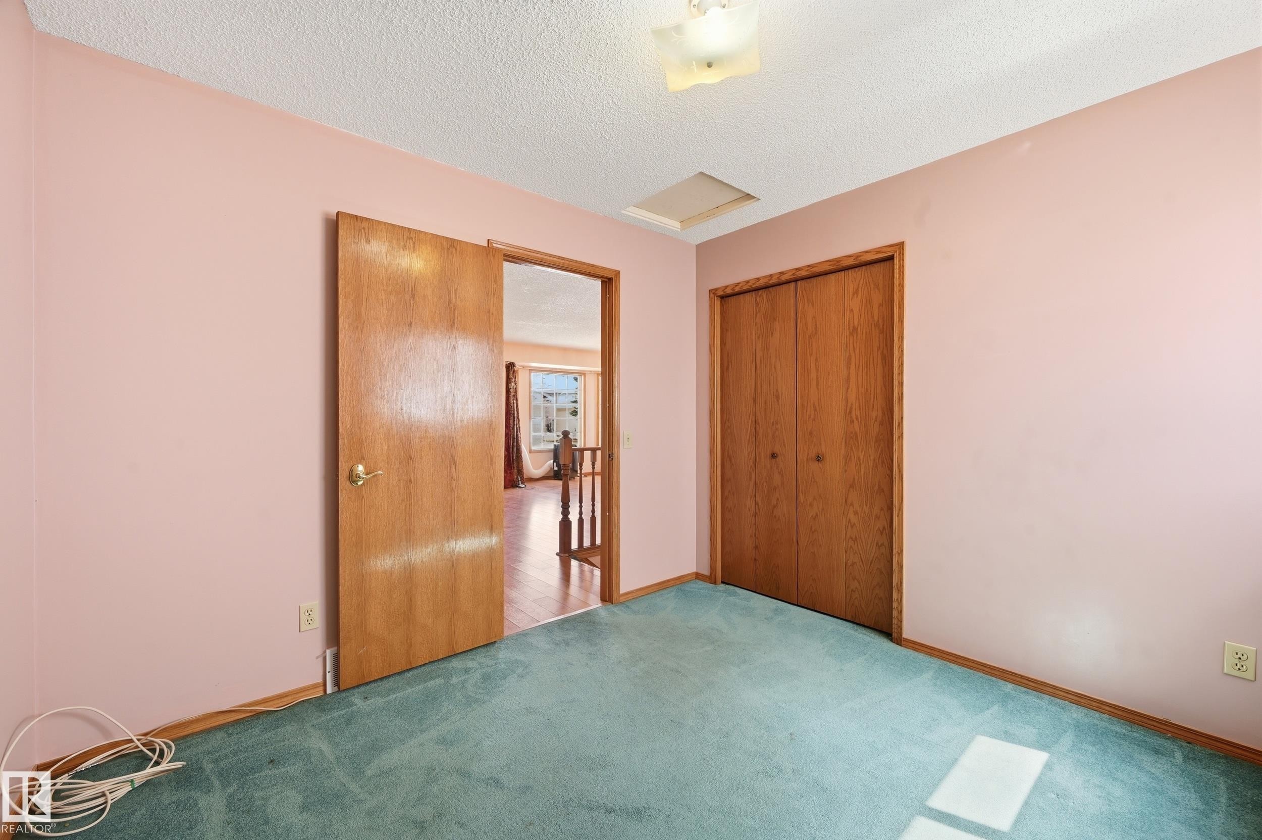 Carpeted room with a ceiling light fixture and wood-finish doors - 1242 Joyce Crescent, Edmonton, AB - Indoor Photo Showing Other Room