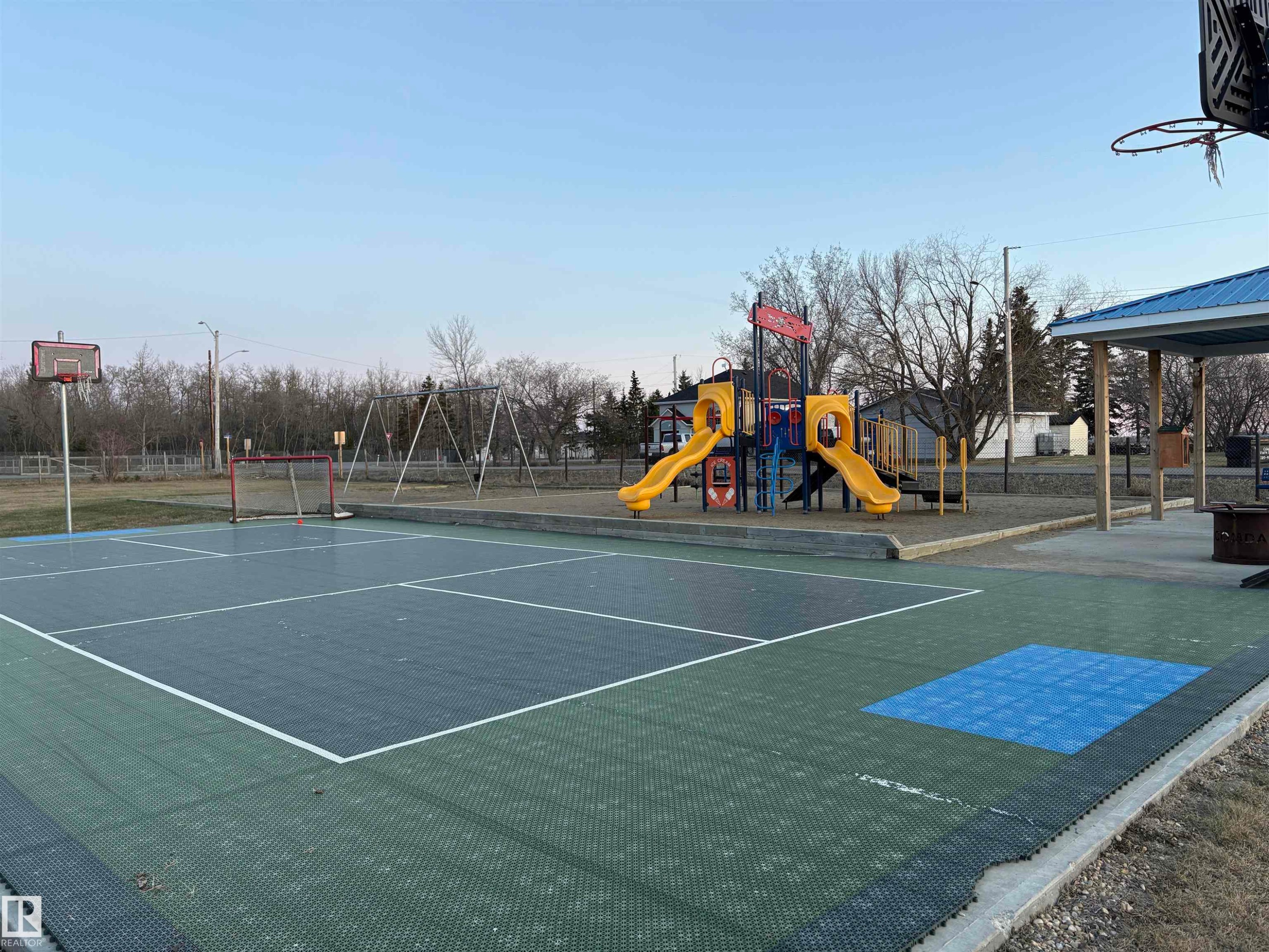 Multi-sport court featuring a basketball hoop and a hockey net - 410 Main St, Alcomdale, AB - Outdoor
