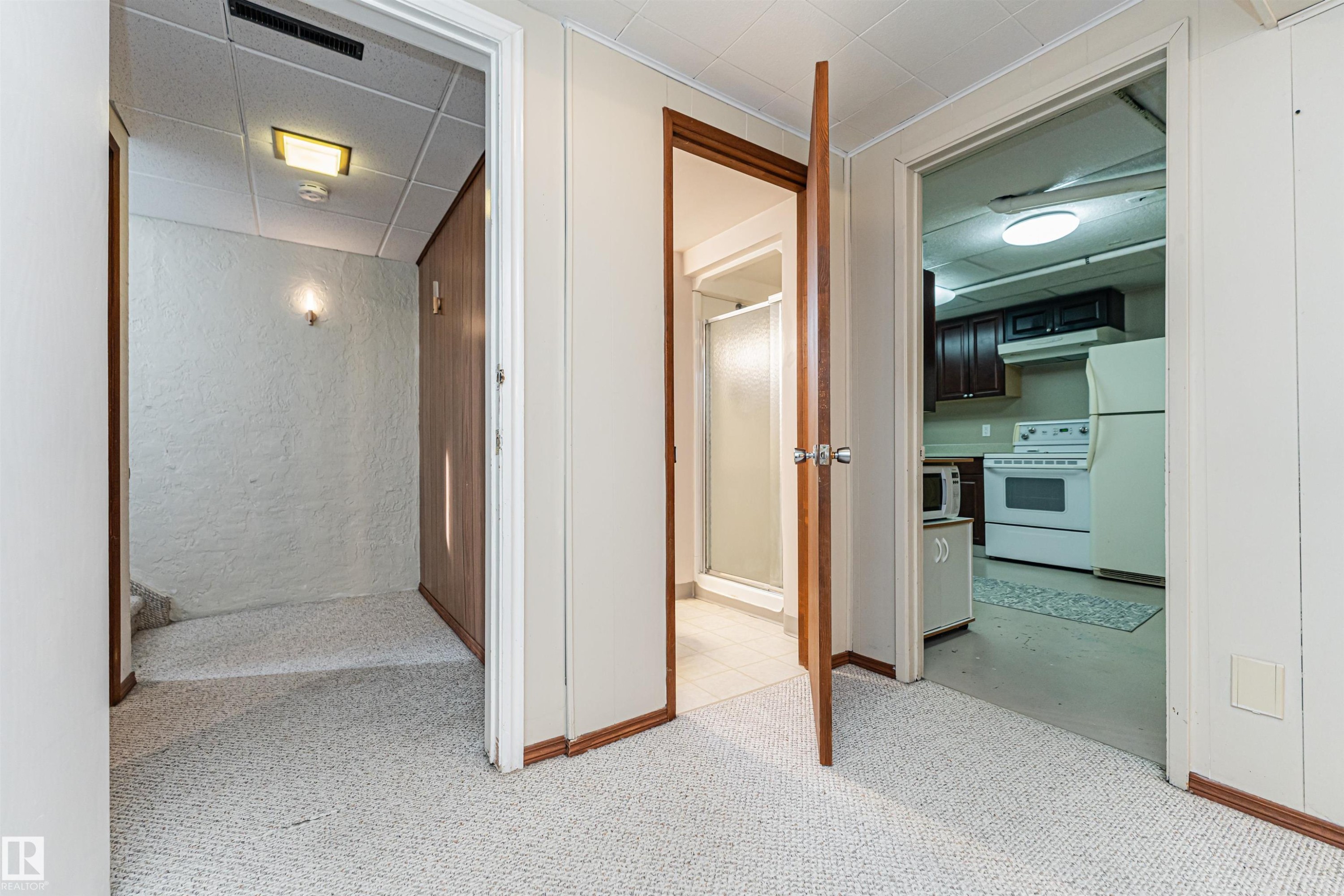 Carpeted hallway with three distinct doorways - 11423 50 Avenue, Edmonton, AB - Indoor