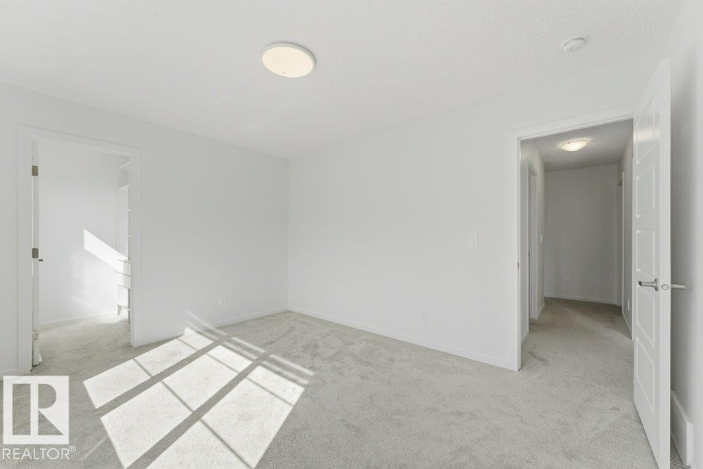 Carpeted room featuring white walls, a flush-mount ceiling light, and a paneled door with contemporary hardware - 2011 207 Street, Edmonton, AB - Indoor Photo Showing Other Room