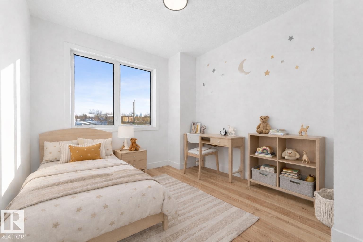 Bedroom with light wood flooring, a large window, and light-colored walls - 11019 132 St, Edmonton, AB - Indoor Photo Showing Bedroom