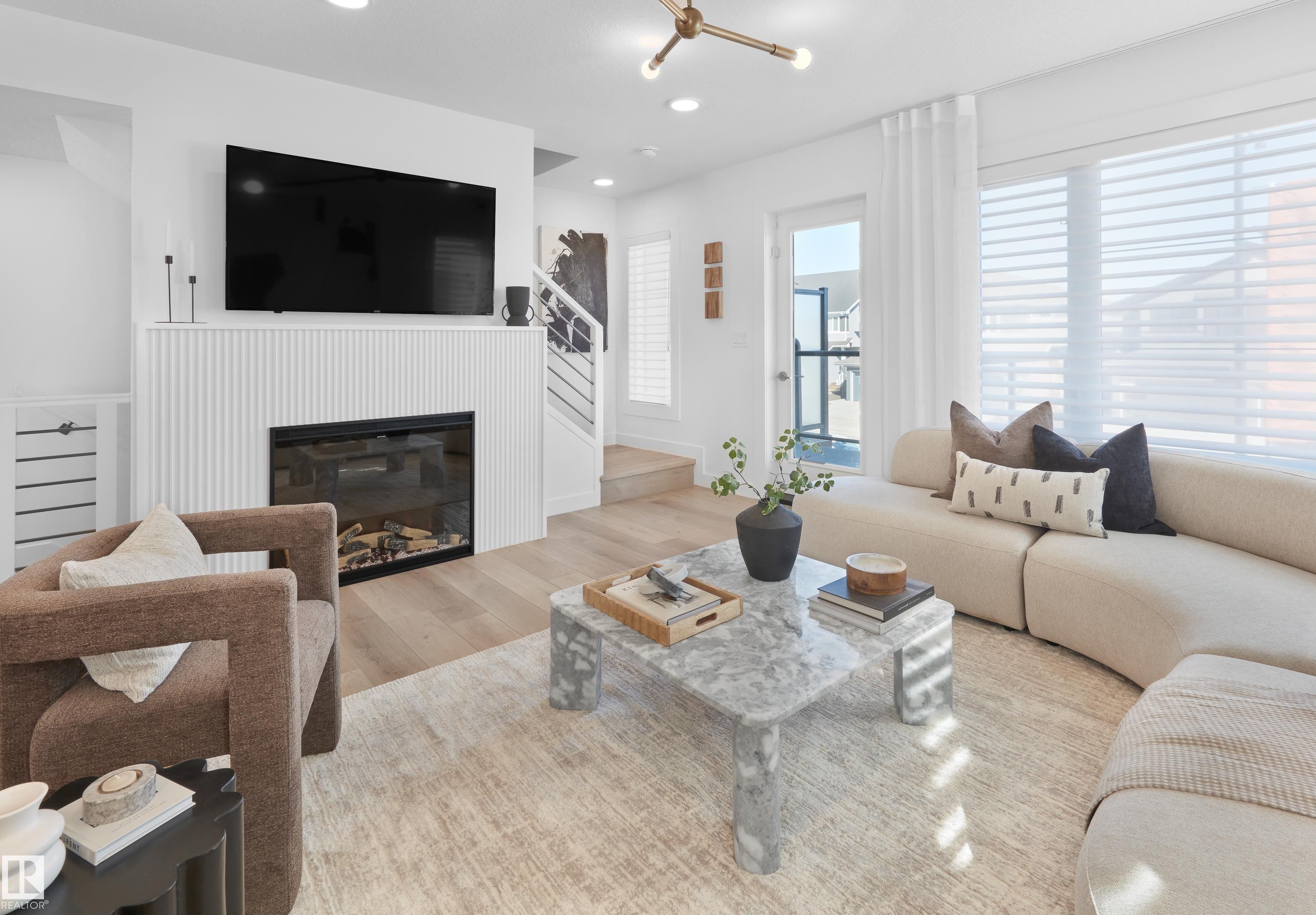 4149 Kinglet Drive, Edmonton, AB - Indoor Photo Showing Living Room With Fireplace