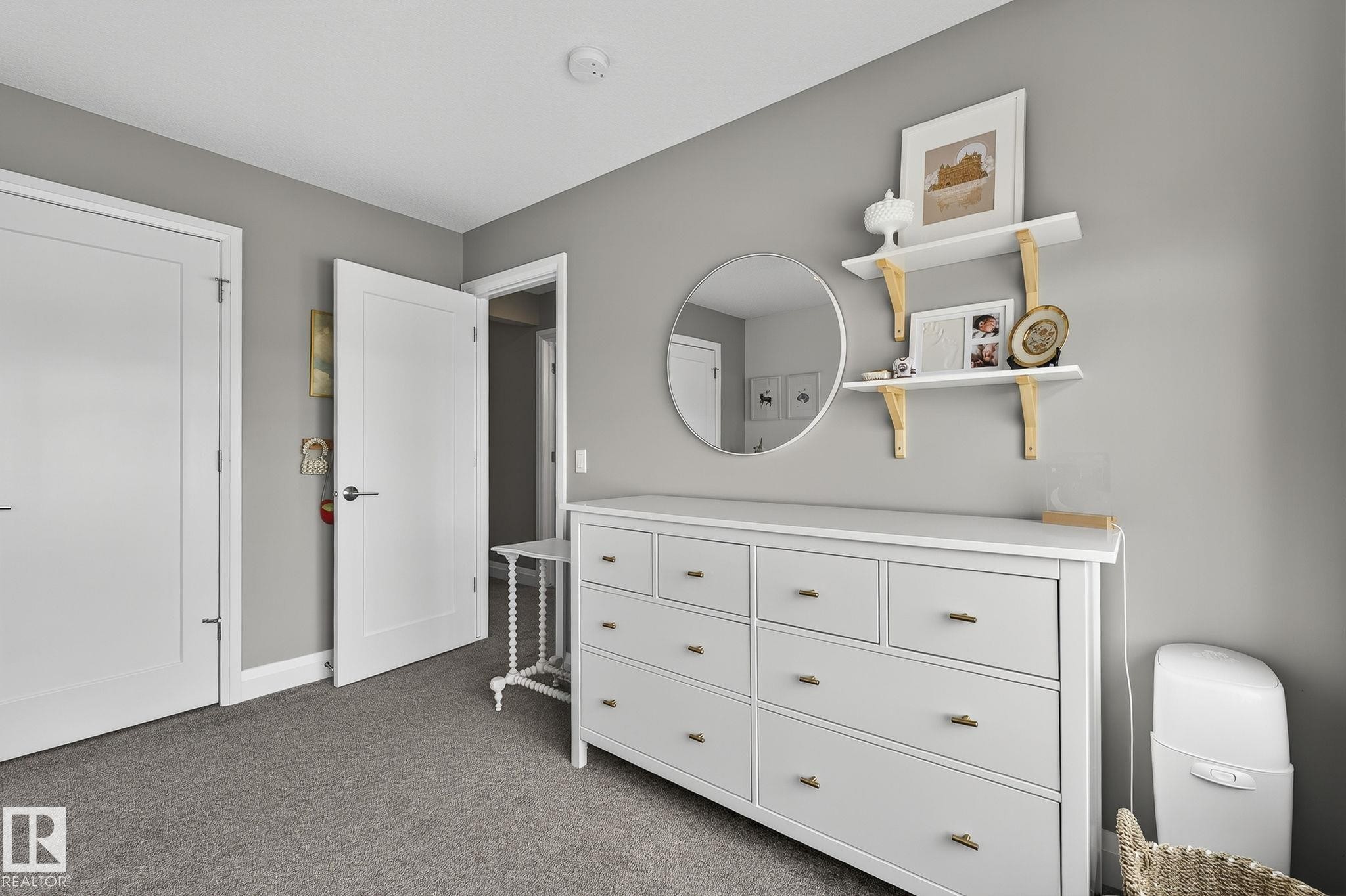 Bedroom with light gray walls, gray carpeting, and white trim - 1737 Dumont Crescent, Edmonton, AB - Indoor