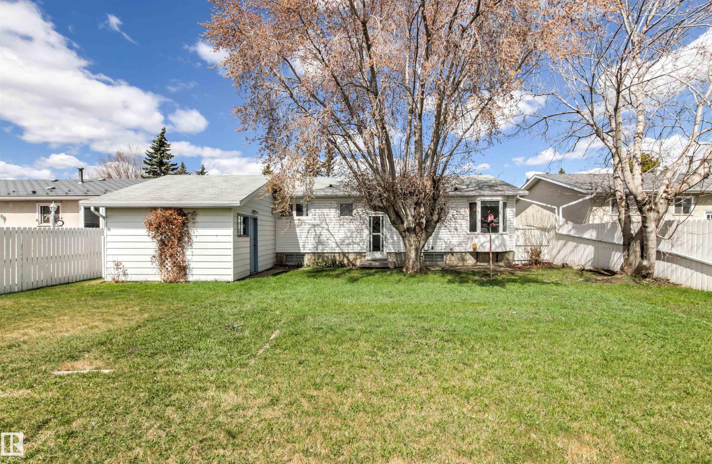Expansive green lawn with mature trees and a white picket fence - 29 Bristow Crescent, Spruce Grove, AB - Outdoor