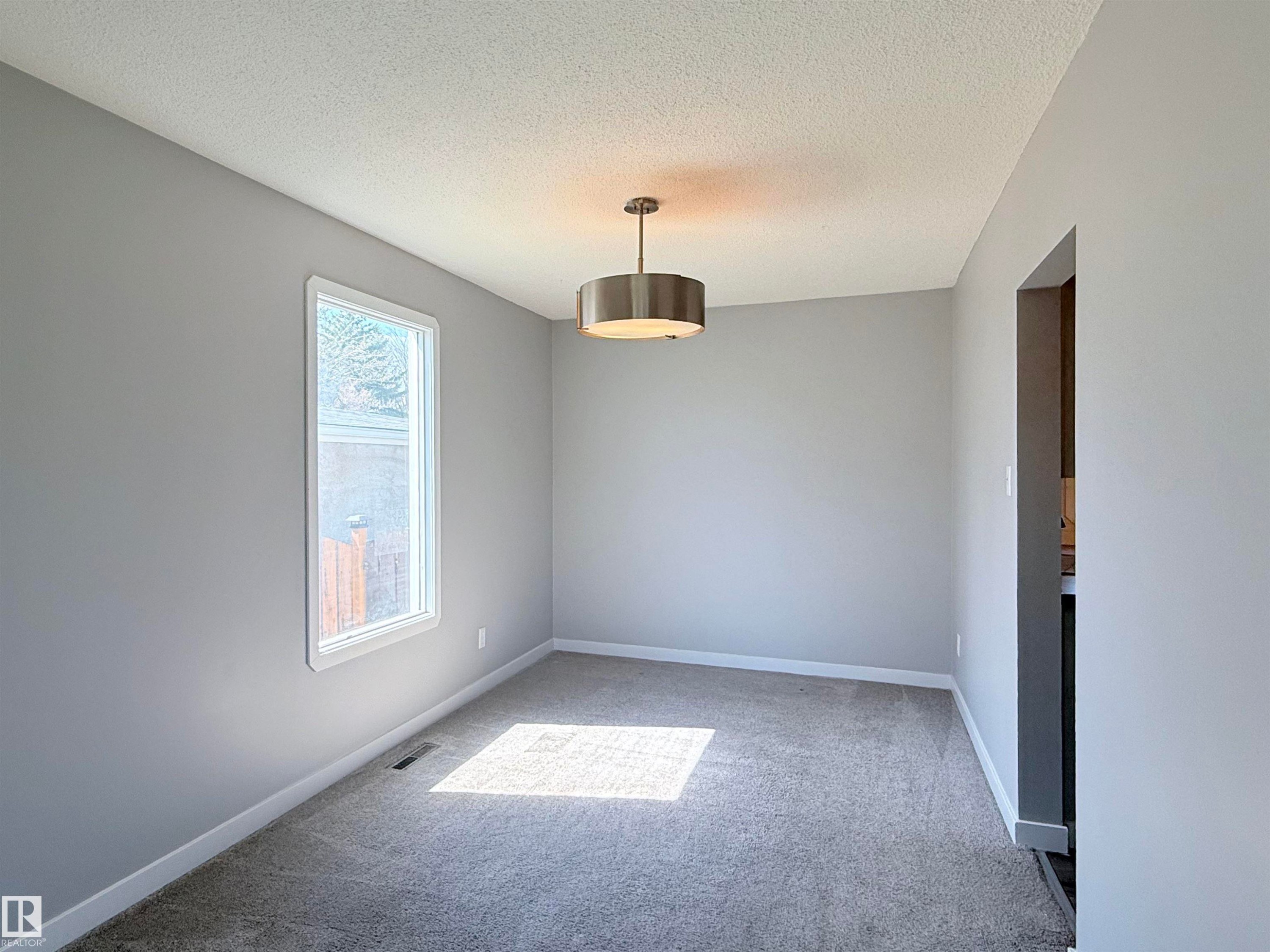 Dining area featuring neutral gray walls, light gray carpeting, and white baseboards - 3912 108 Street, Edmonton, AB - Indoor Photo Showing Other Room