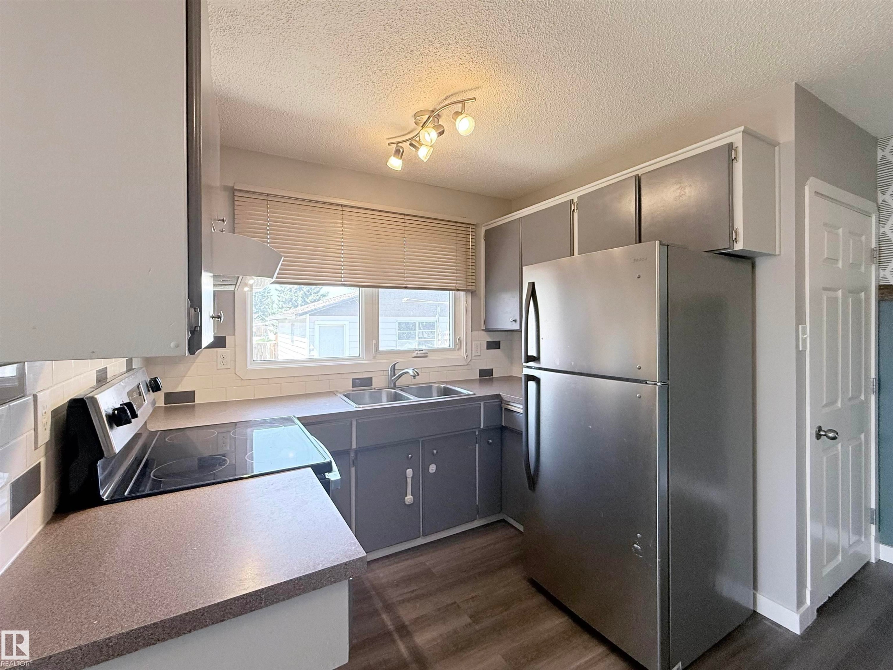 Kitchen featuring stainless steel appliances, wood-finish flooring, a double basin sink, and ample cabinetry - 3912 108 Street, Edmonton, AB - Indoor Photo Showing Kitchen With Double Sink