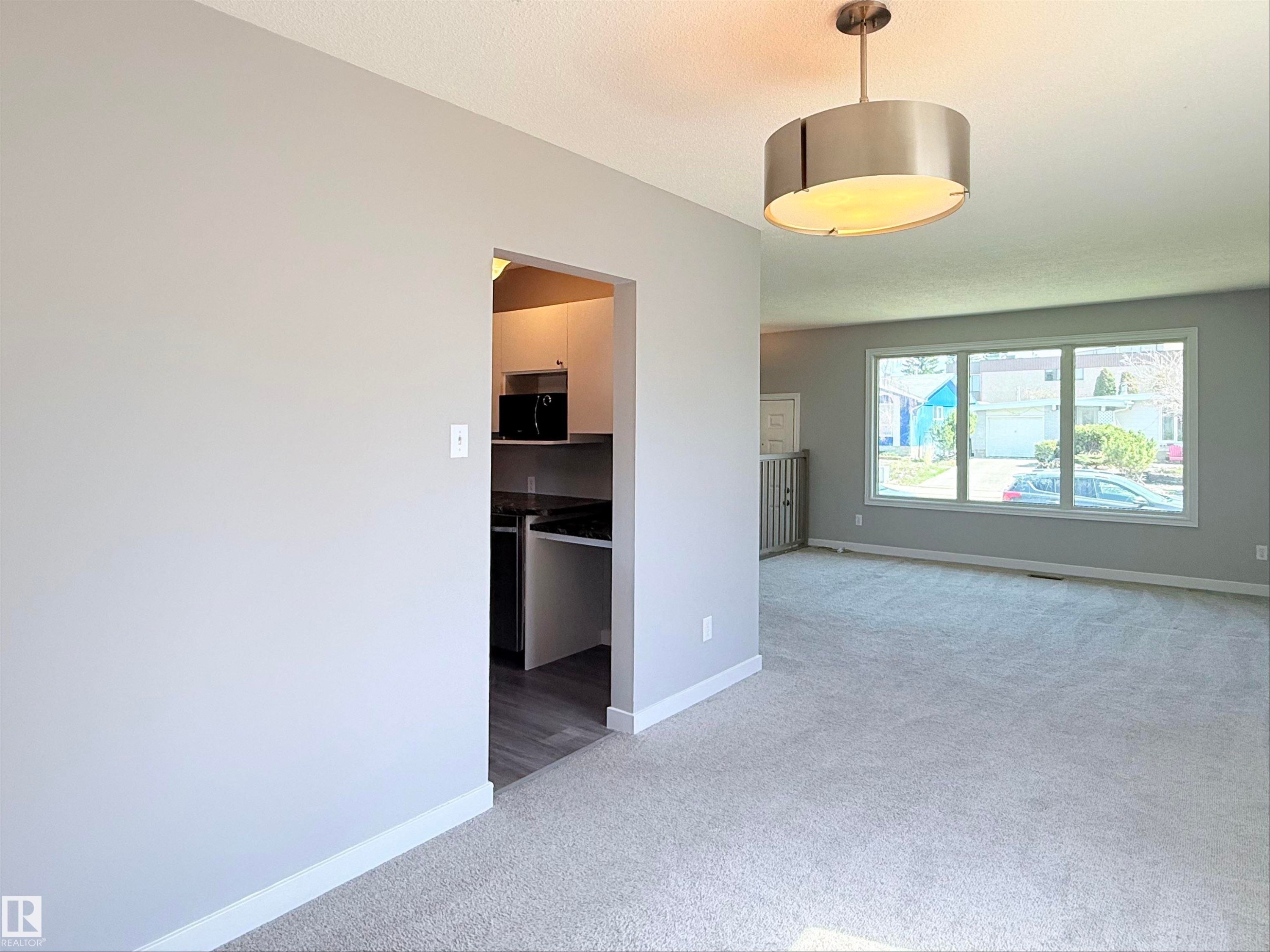 Open concept living area with light gray walls and plush gray carpeting - 3912 108 Street, Edmonton, AB - Indoor Photo Showing Other Room