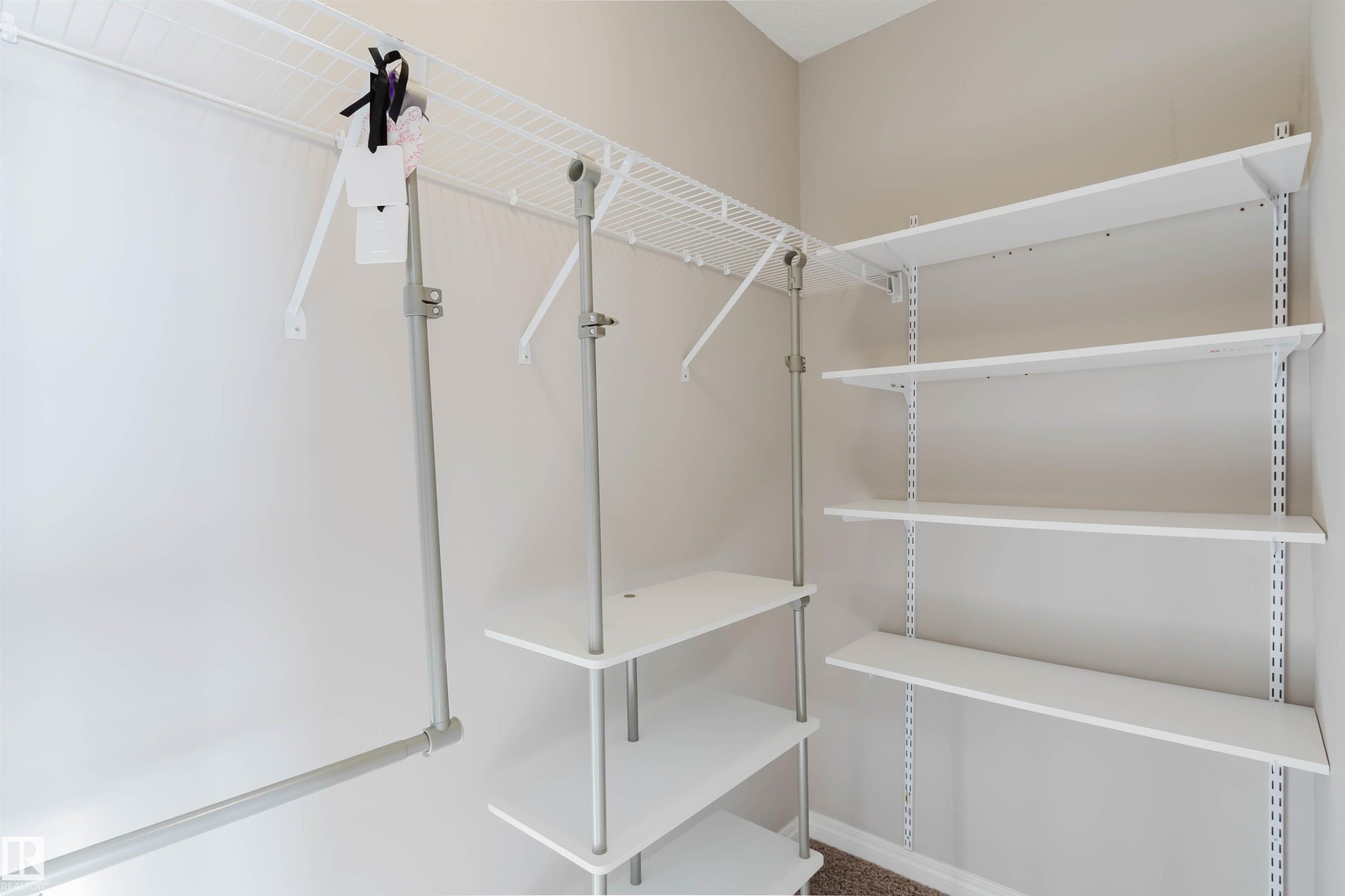 Walk-in closet with integrated wire shelving, adjustable flat shelving, and a hanging clothes rod - 16627 18 Avenue, Edmonton, AB - Indoor With Storage
