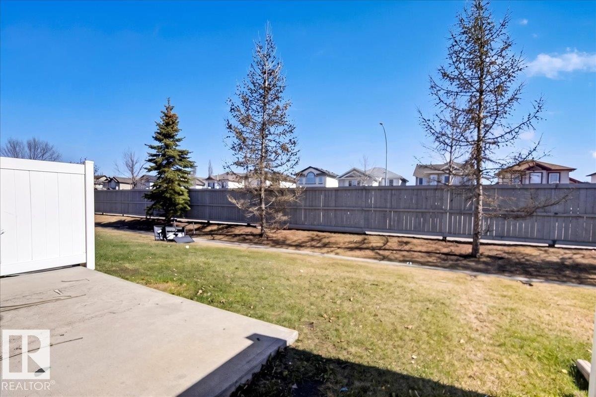 Expansive backyard featuring a concrete patio, lush lawn, mature evergreen tree, and a tall wood fence - #7 18004 89 St Nw, Edmonton, AB - Outdoor