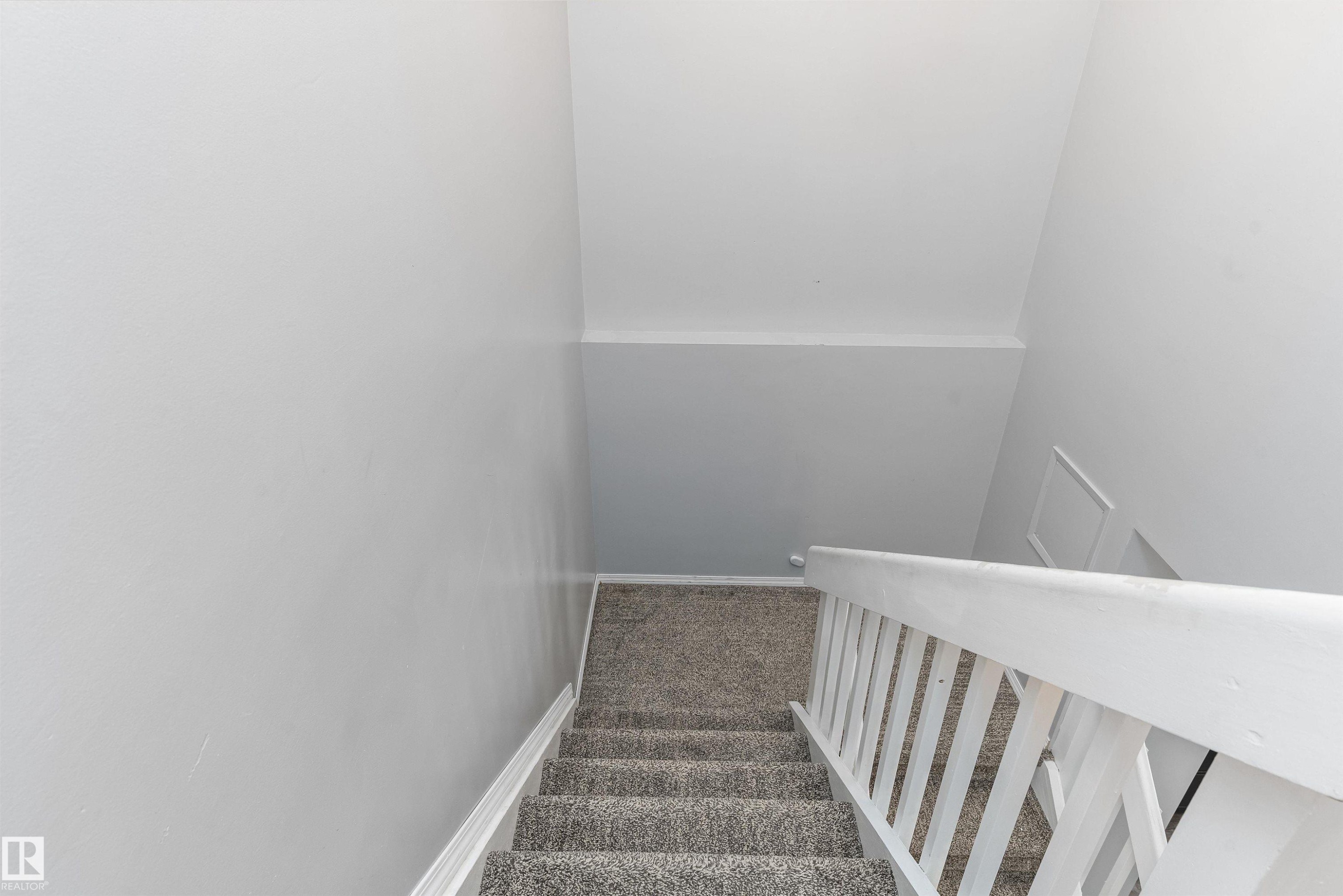 Carpeted staircase featuring white painted risers and baluster railing - 6734 36A Avenue, Edmonton, AB - Indoor Photo Showing Other Room