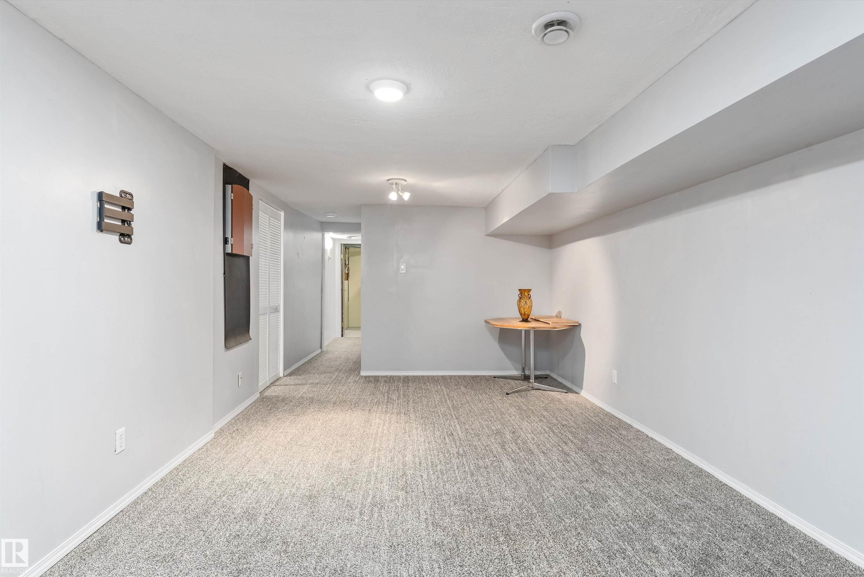 Spacious room featuring textured gray carpeting, white baseboards, and light gray painted walls - 6734 36A Avenue, Edmonton, AB - Indoor Photo Showing Other Room