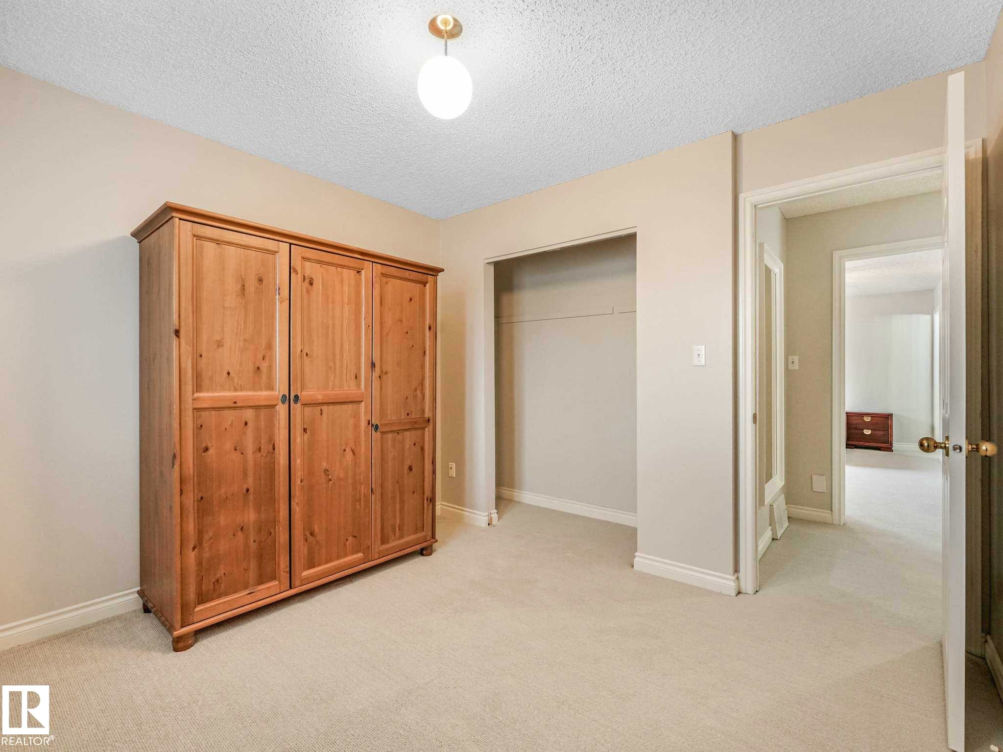 Neutral-toned room featuring a built-in closet, wall-to-wall carpeting, and a ceiling-mounted light fixture - 4011 104 Street, Edmonton, AB - Indoor