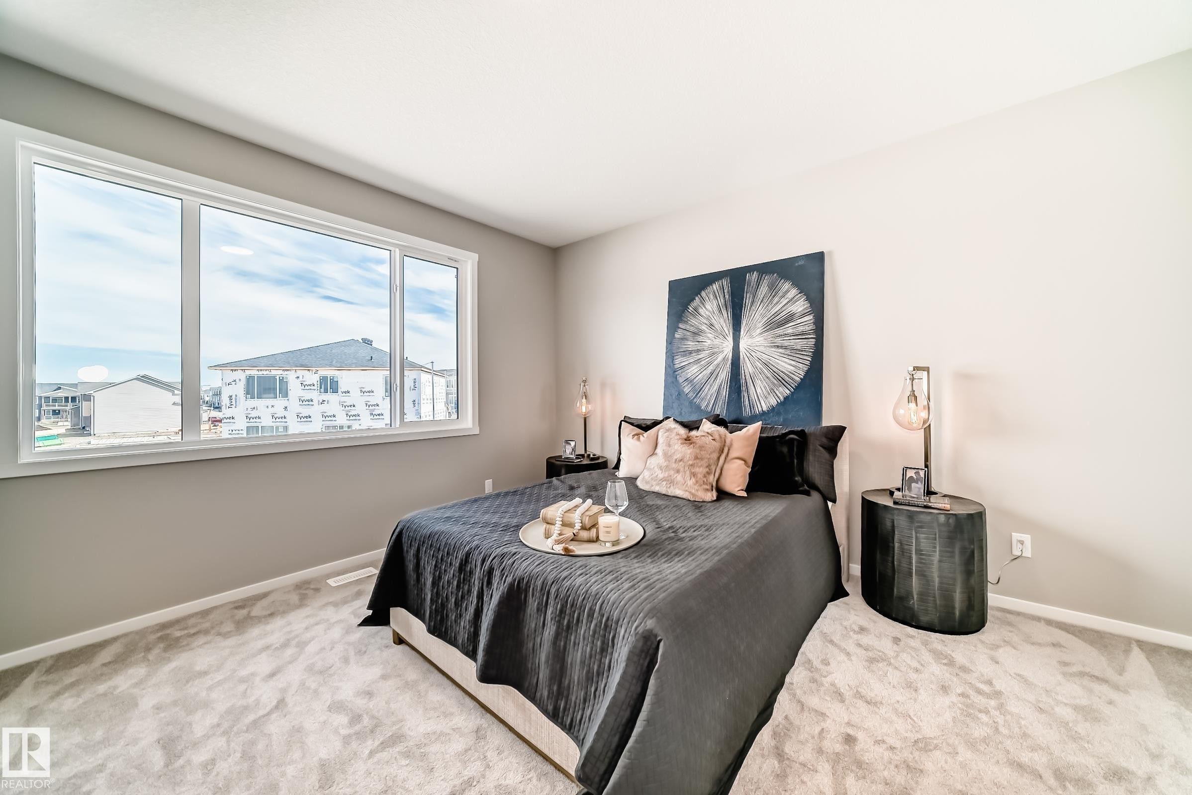 Spacious room featuring a large multi-pane window, light-colored walls, baseboard molding, and plush carpeting - 1603 206 Street, Edmonton, AB - Indoor Photo Showing Bedroom