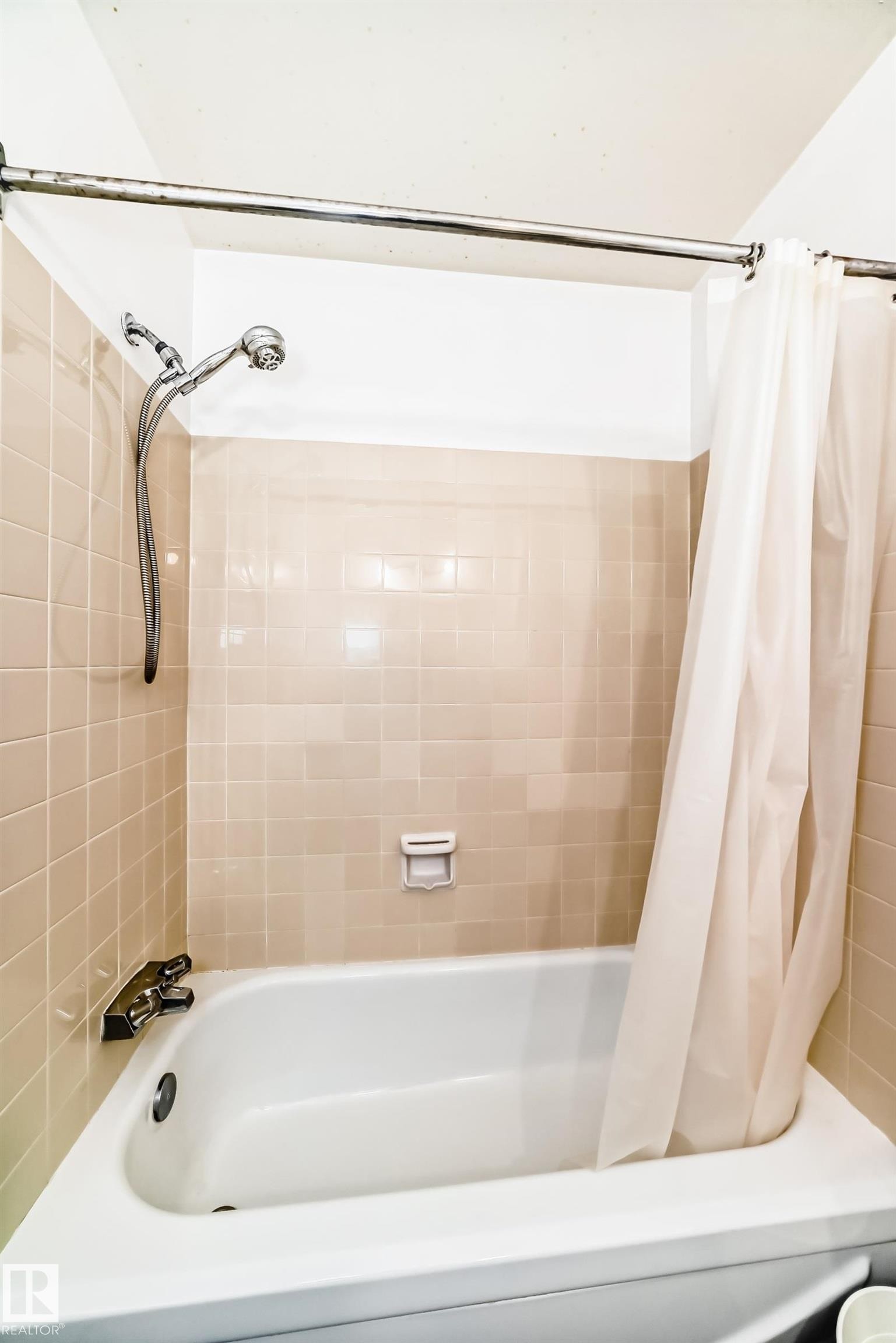 White porcelain bathtub with chrome fixtures and a handheld showerhead - 423 5125 Riverbend Road, Edmonton, AB - Indoor Photo Showing Bathroom