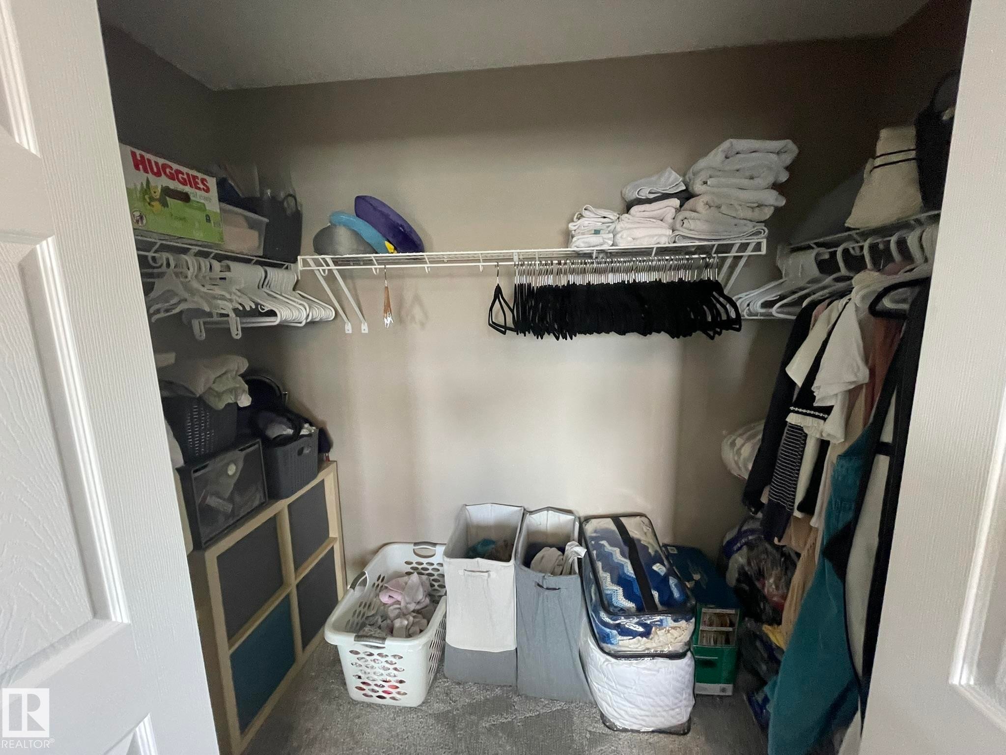 Walk-in closet featuring carpet flooring, painted walls, and white wire shelving - 871 Ebbers Crescent, Edmonton, AB - Indoor With Storage