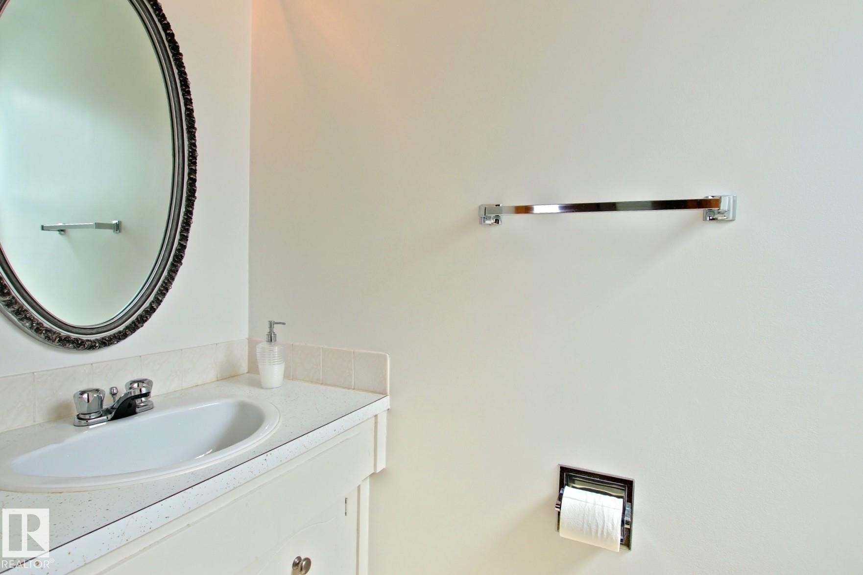 Bathroom vanity with an integrated oval sink, chrome faucet, and speckled countertop - 3539 104 Street, Edmonton, AB - Indoor Photo Showing Bathroom