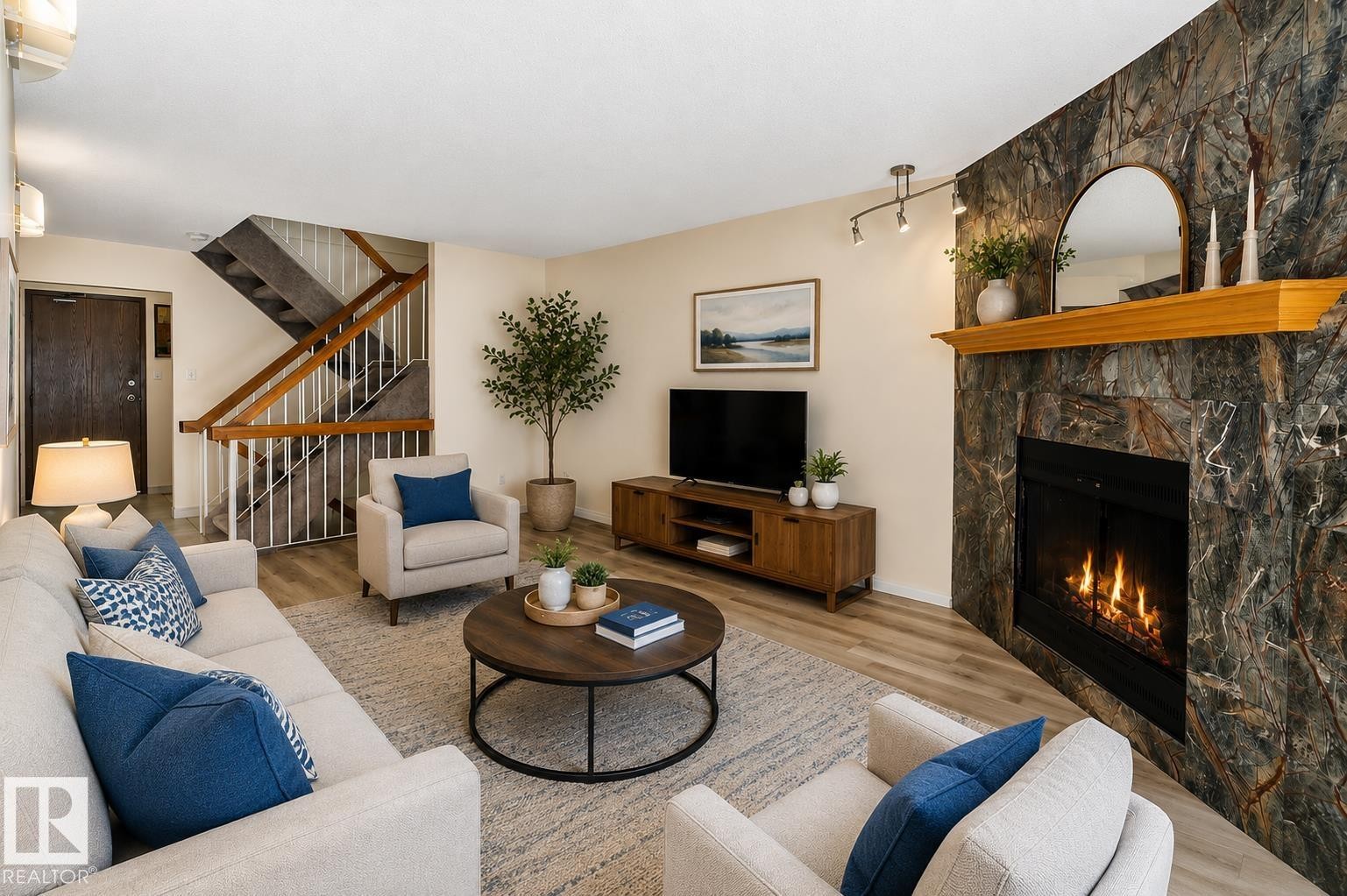 Virtually Staged, - 17313 60 Avenue, Edmonton, AB - Indoor Photo Showing Living Room With Fireplace