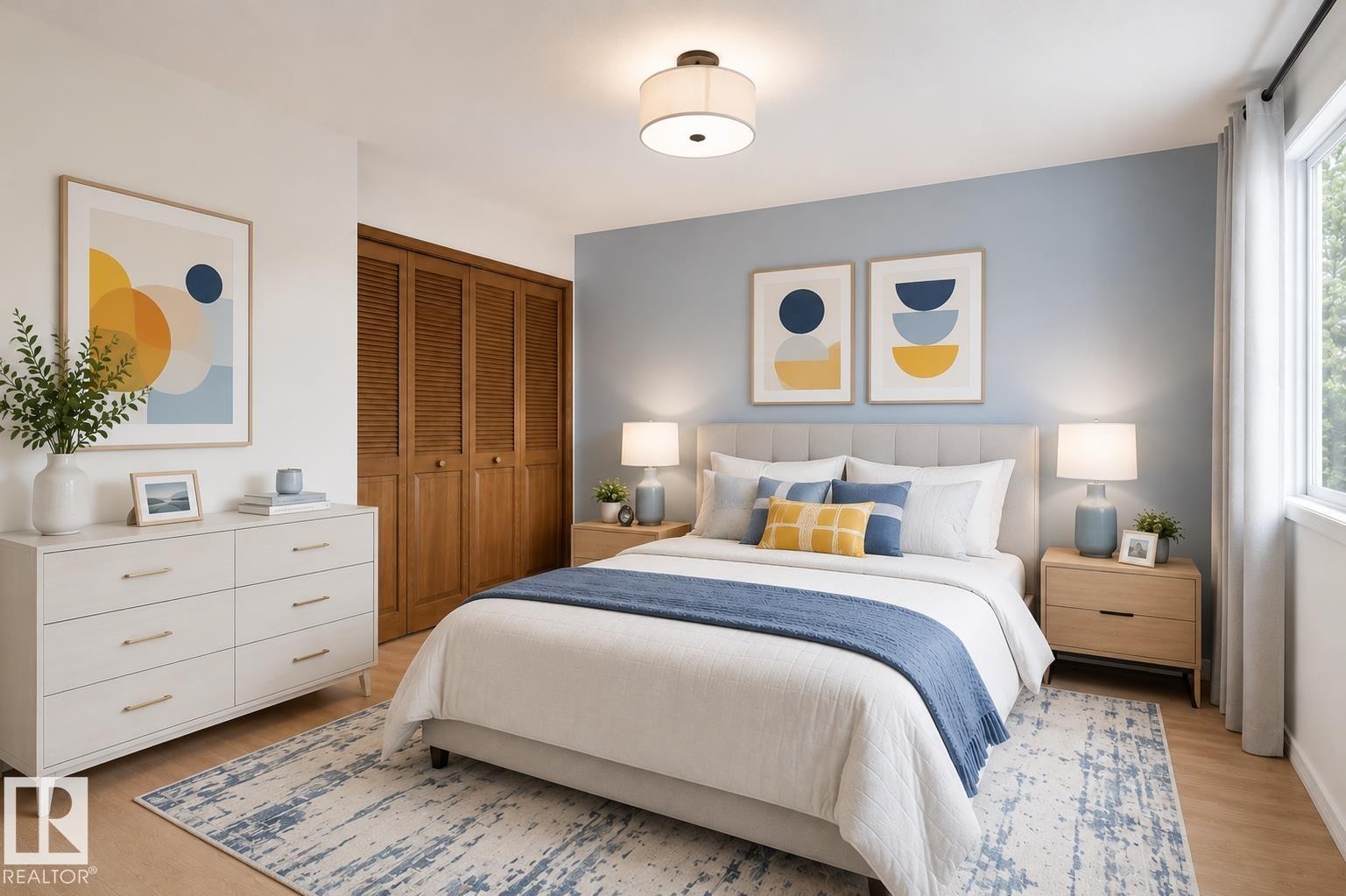 Bedroom featuring light wood-finish flooring and a light blue accent wall - 17313 60 Avenue, Edmonton, AB - Indoor Photo Showing Bedroom