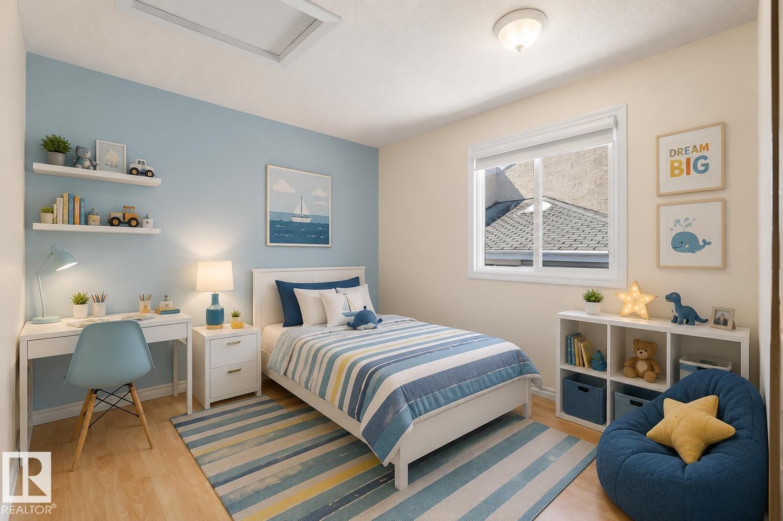 Bedroom featuring wood-finish flooring, a contemporary ceiling light, and a window with white trim - 17313 60 Avenue, Edmonton, AB - Indoor Photo Showing Bedroom