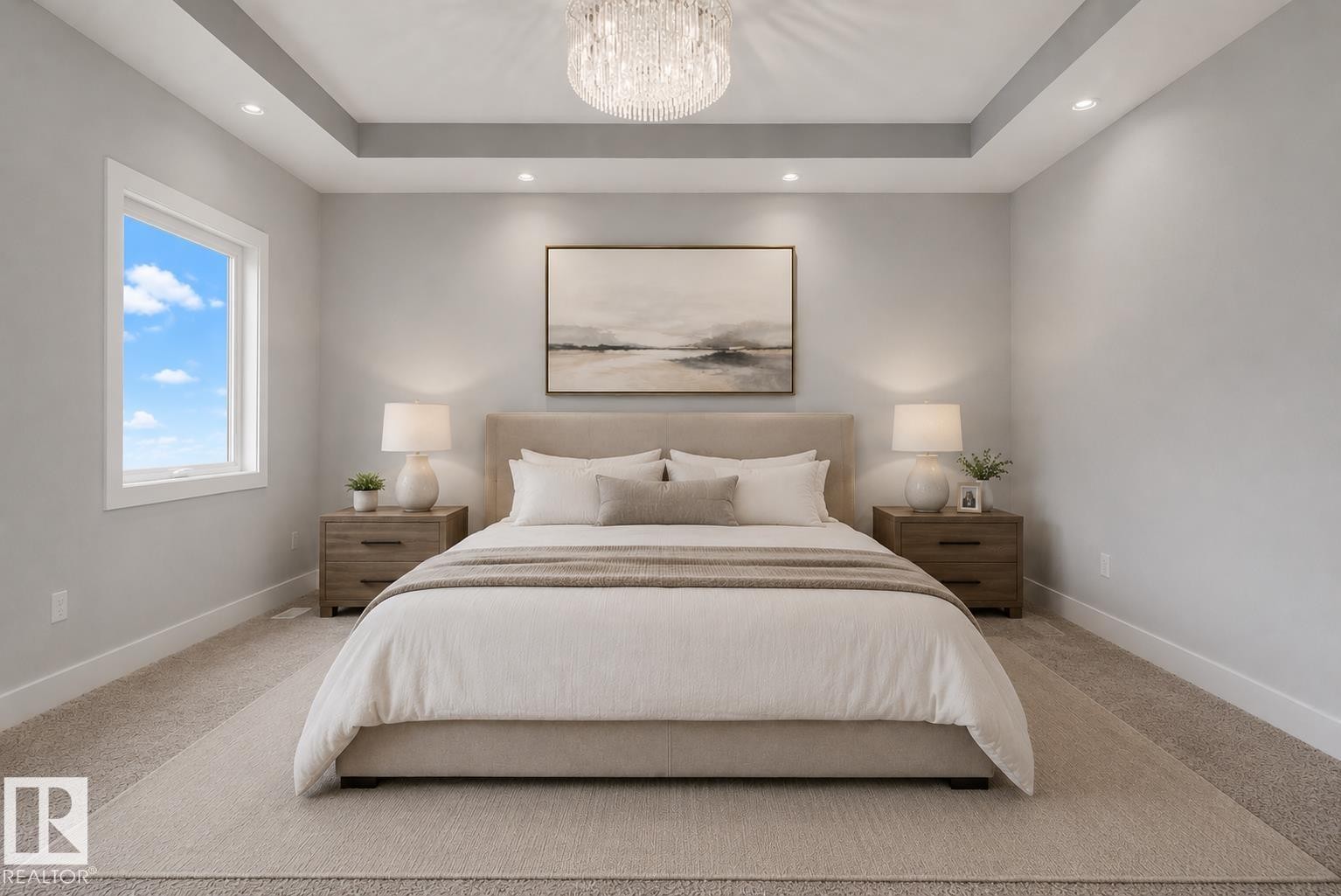 Bedroom featuring a tray ceiling with recessed lighting and a central chandelier. Virtually Staged. - 635 42 Street, Edmonton, AB - Indoor Photo Showing Bedroom