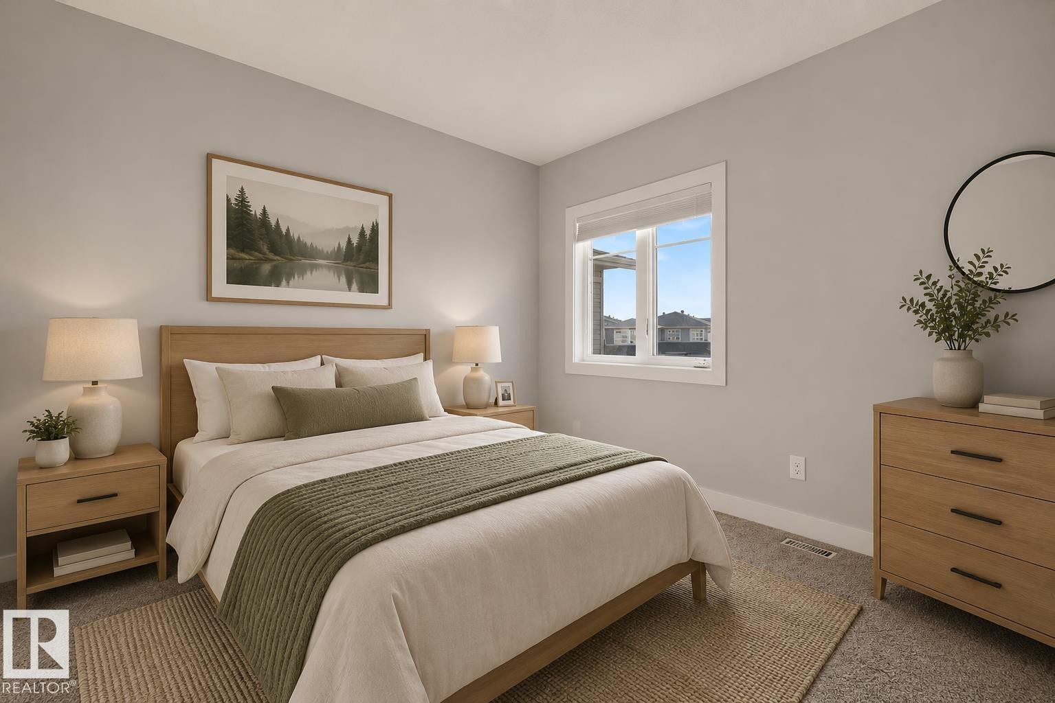 Carpeted bedroom featuring a double-paned window with white trim, light gray painted walls, and a recessed ceiling. Virtually Staged. - 635 42 Street, Edmonton, AB - Indoor Photo Showing Bedroom