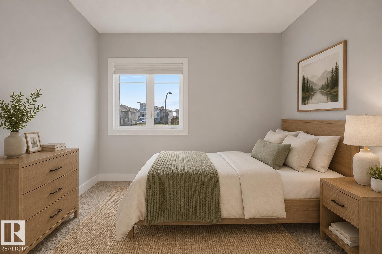 Bedroom featuring light gray walls and a single window with white trim. Virtually Staged. Showing a different furniture layout for the room. - 635 42 Street, Edmonton, AB - Indoor Photo Showing Bedroom