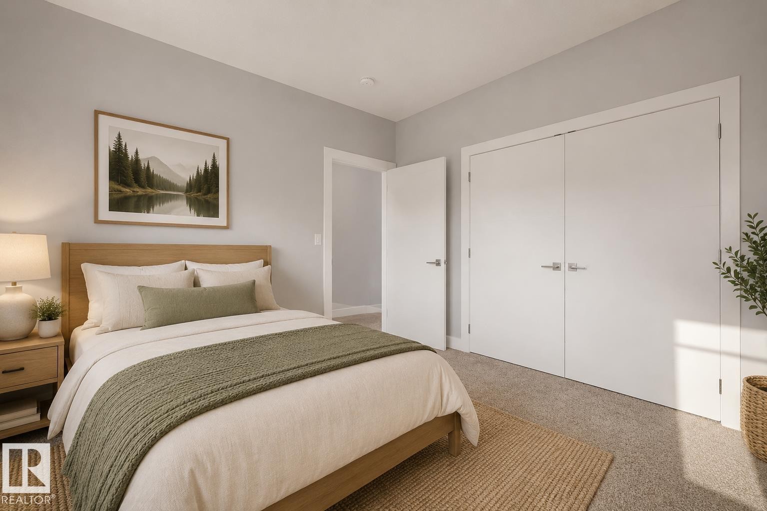 Bedroom featuring light gray wall paint, neutral carpet flooring, a closet with double white doors, and a separate doorway. Virtually Staged. - 635 42 Street, Edmonton, AB - Indoor Photo Showing Bedroom