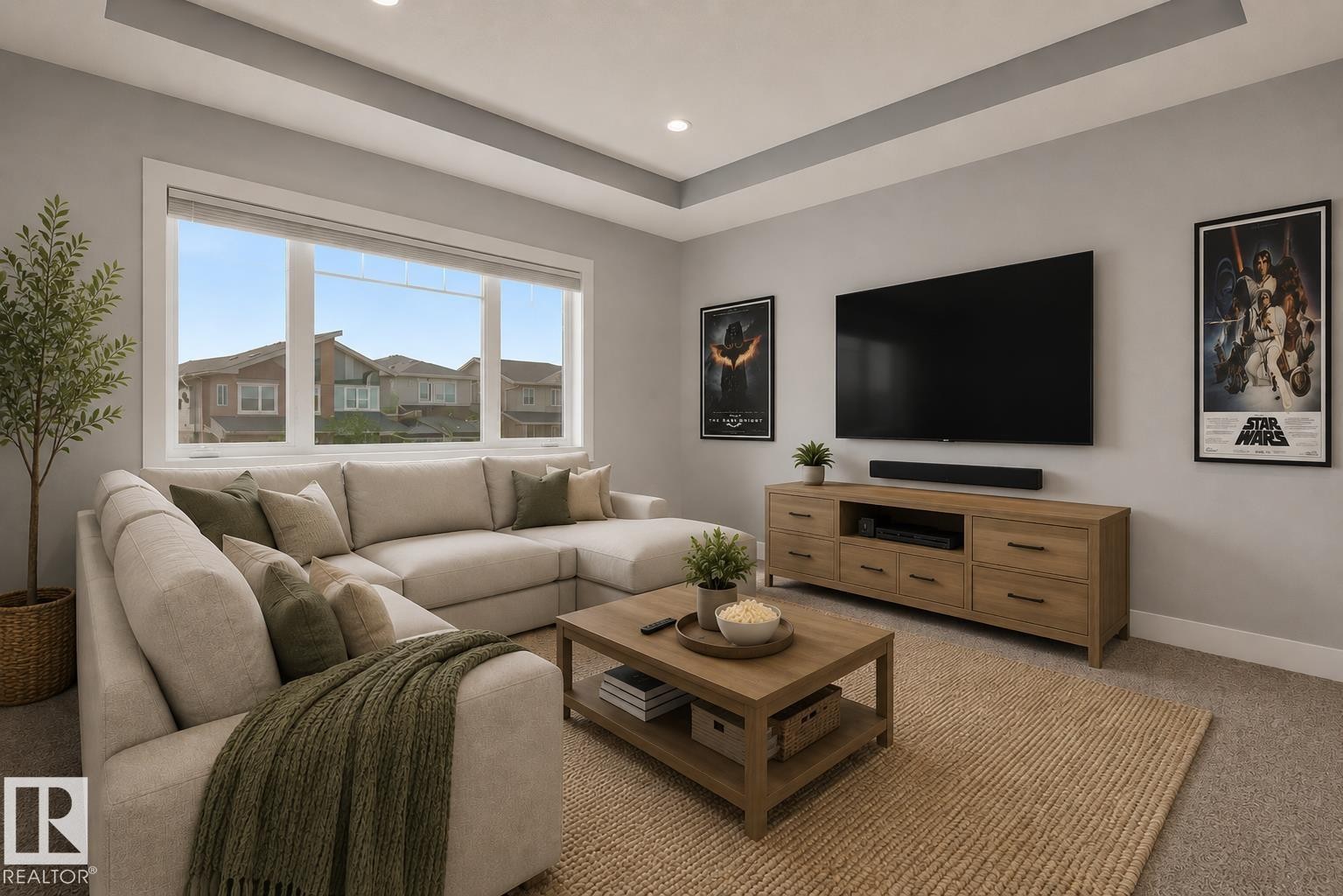 Sunlit living area featuring a large picture window, recessed lighting, and a tray ceiling. Virtually Staged. - 635 42 Street, Edmonton, AB - Indoor Photo Showing Living Room