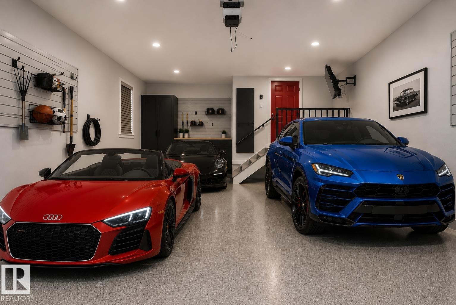 Spacious garage featuring a light gray epoxy floor and recessed lighting. Virtually Staged. - 635 42 Street, Edmonton, AB - Indoor Photo Showing Garage