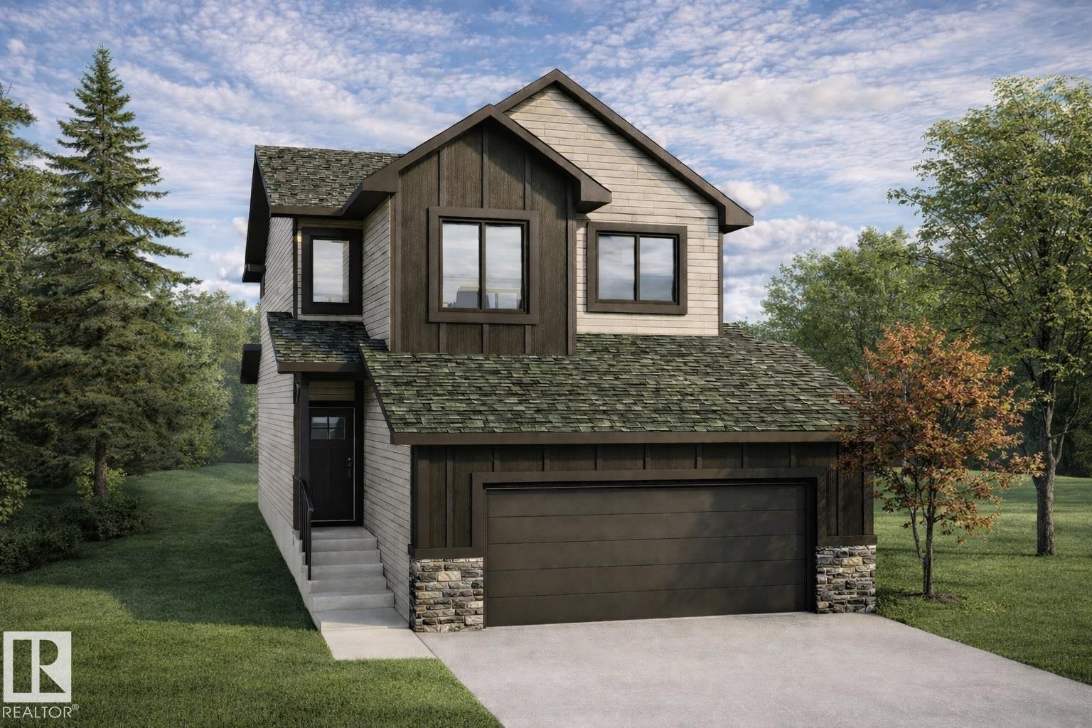 Contemporary architectural design featuring a two-car garage, stone and siding exterior, multi-pane windows, and a covered entry - 18 Brickyard View, Stony Plain, AB - Outdoor