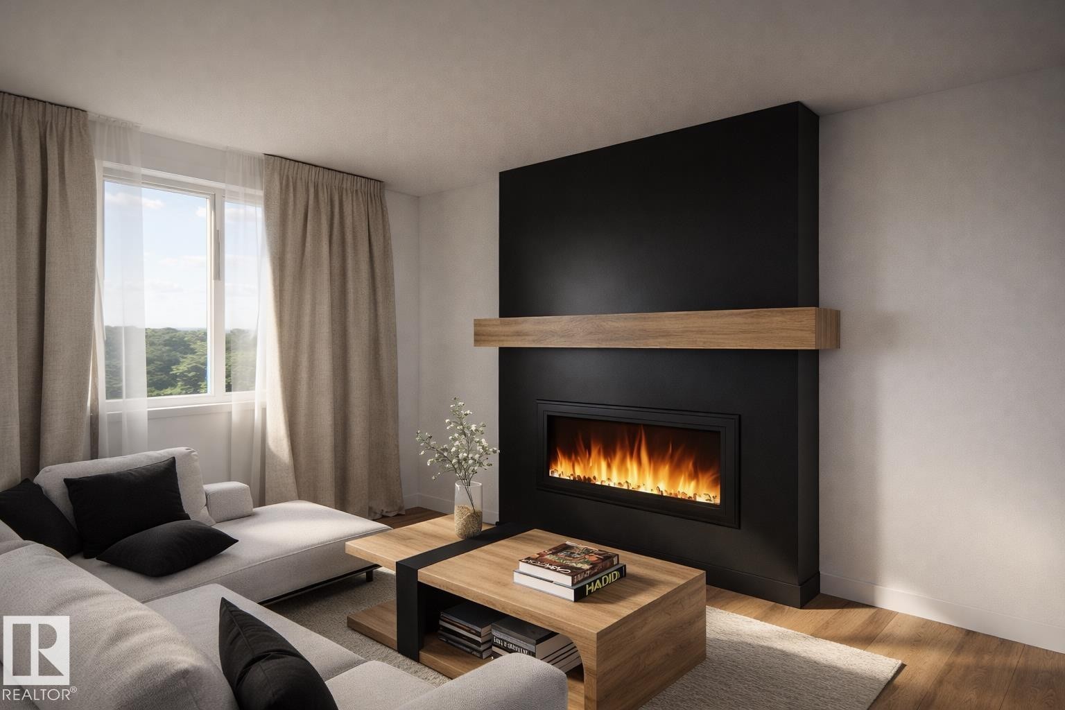 Contemporary fireplace with a wood-finish mantel and black surround - 18 Brickyard View, Stony Plain, AB - Indoor Photo Showing Living Room With Fireplace